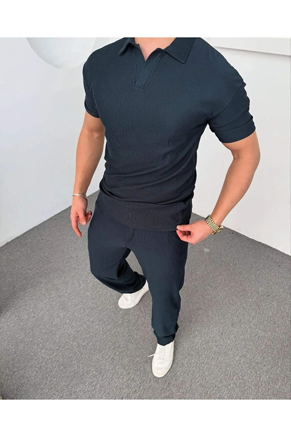 Erkek Fitilli Kumaş Regular Fit Ottoman Kalite Organik Pamuklu Polo Yaka Tshirt ve Eşofman Alt Takım