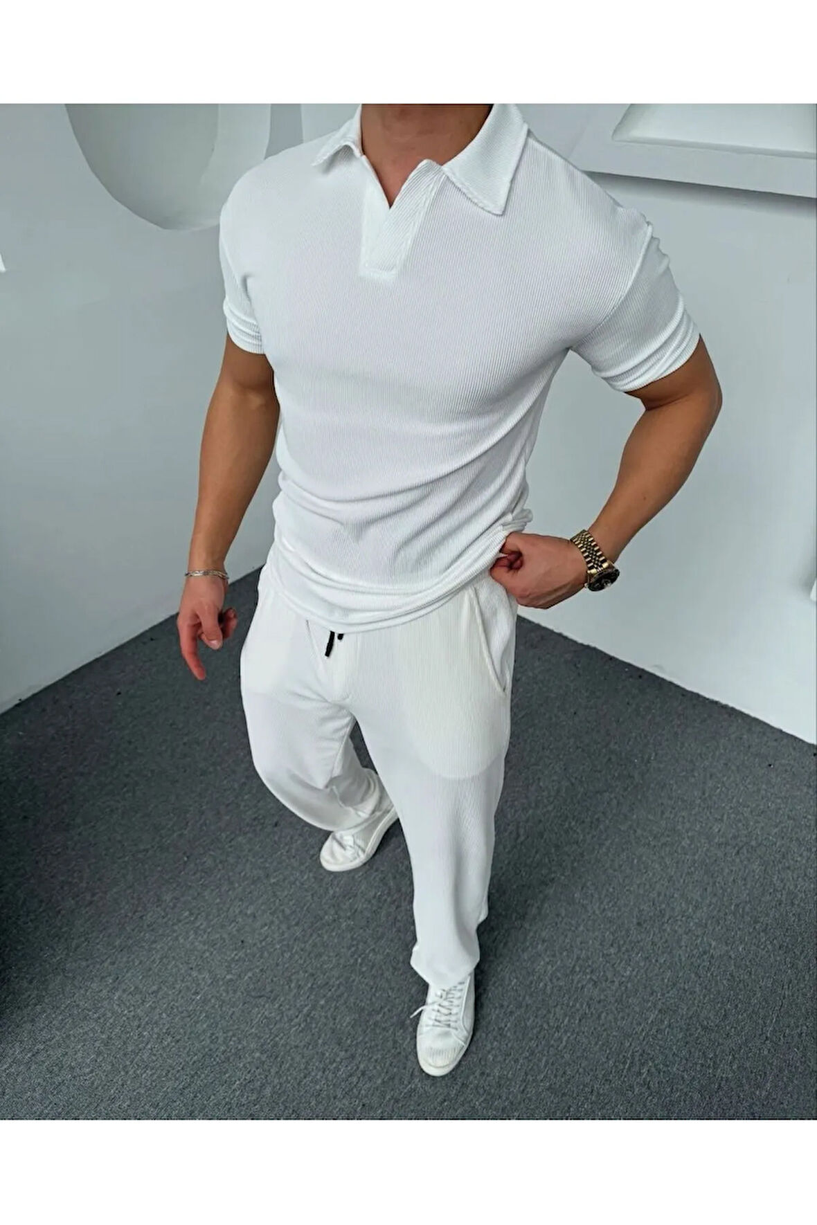 Erkek Fitilli Kumaş Regular Fit Ottoman Kalite Organik Pamuklu Polo Yaka Tshirt ve Eşofman Alt Takım