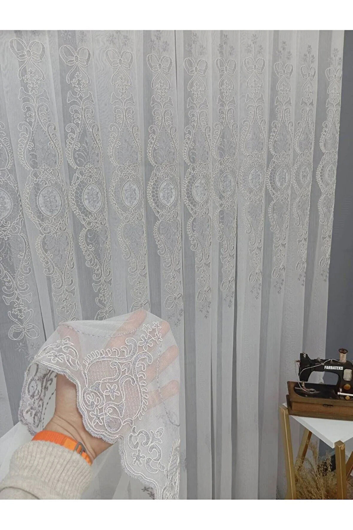 Ottoman Gri Gümüş Kort Nakılşlı Salon 3Kat Pileli Tül Perde