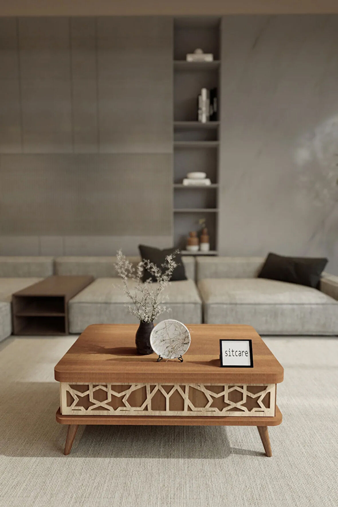 Ottowa Smart Coffe Table, Akıllı Masa, Kahve Sehpası Ceviz Renk Ahşap Sehpa