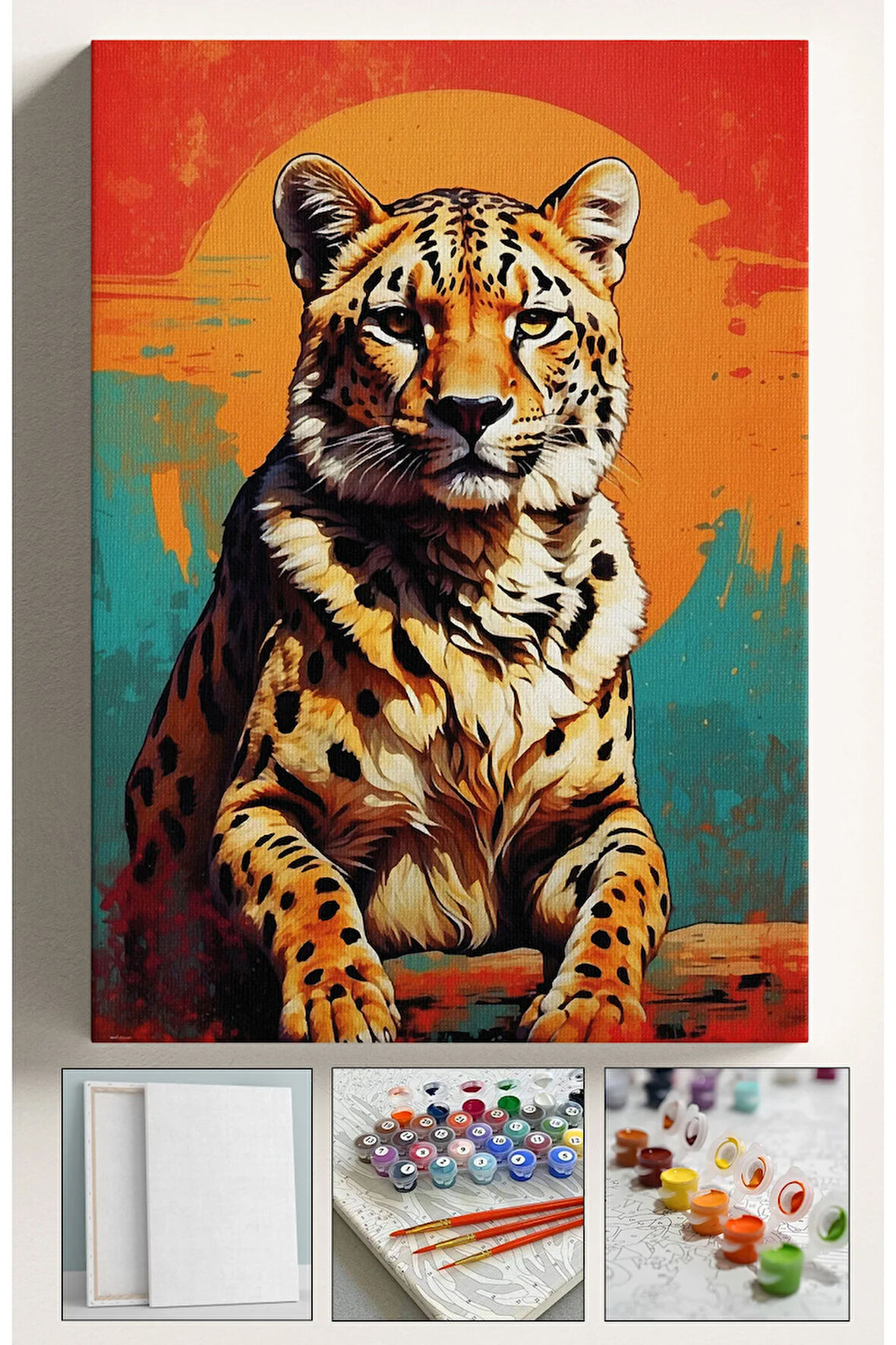 Sayılarla Boyama Hobi Seti Çerçeveli Numaralı Tuval Fırça Boya Dahil Kasnaklı OTURAN LEOPAR 40x50 Cm