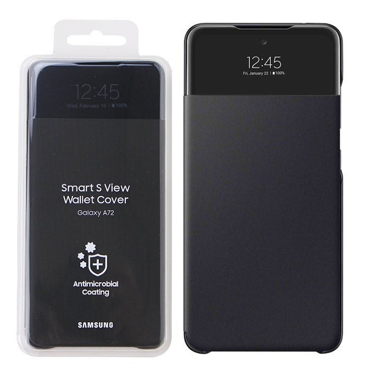 OUTLET Samsung Galaxy A72 Smart S View Wallet Cover Kılıf Siyah (Antimicrobial Coating) OUTLET