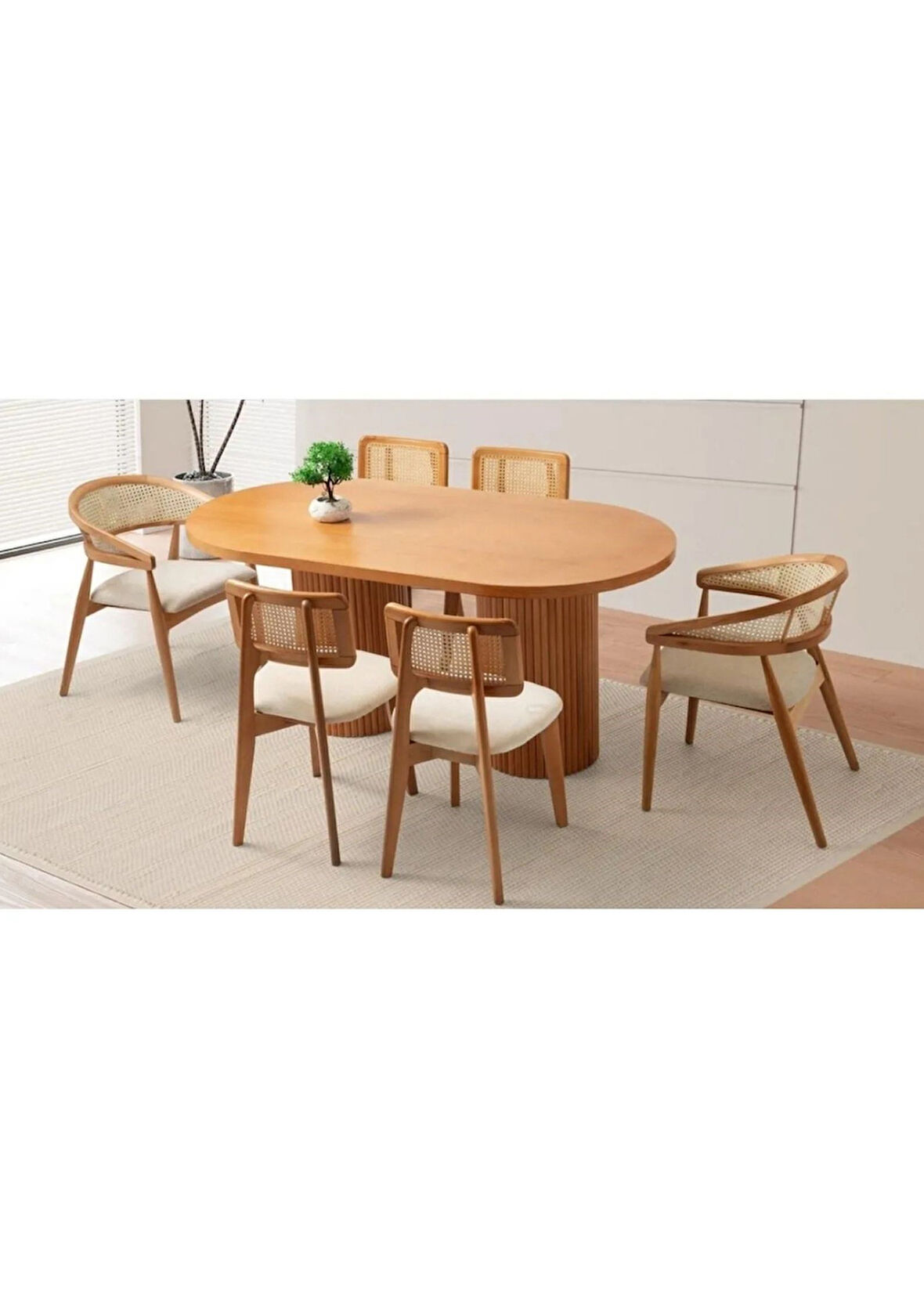 Oval Ahşap Masa Takımı Bohem 6 Kişilik Mutfak Masa Sandalye Takımı İskandinav