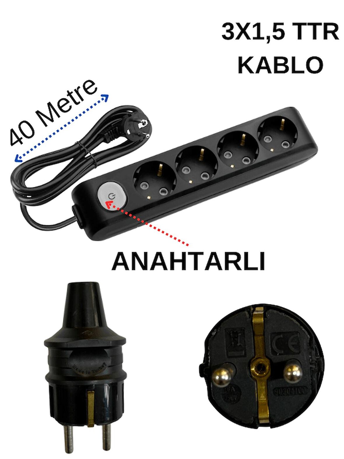 Avarson (4'Lü) Dörtlü Priz Topraklı Anahtarlı Kablolu Siyah (3x1,5 TTR) 40 (Kırk) Metre