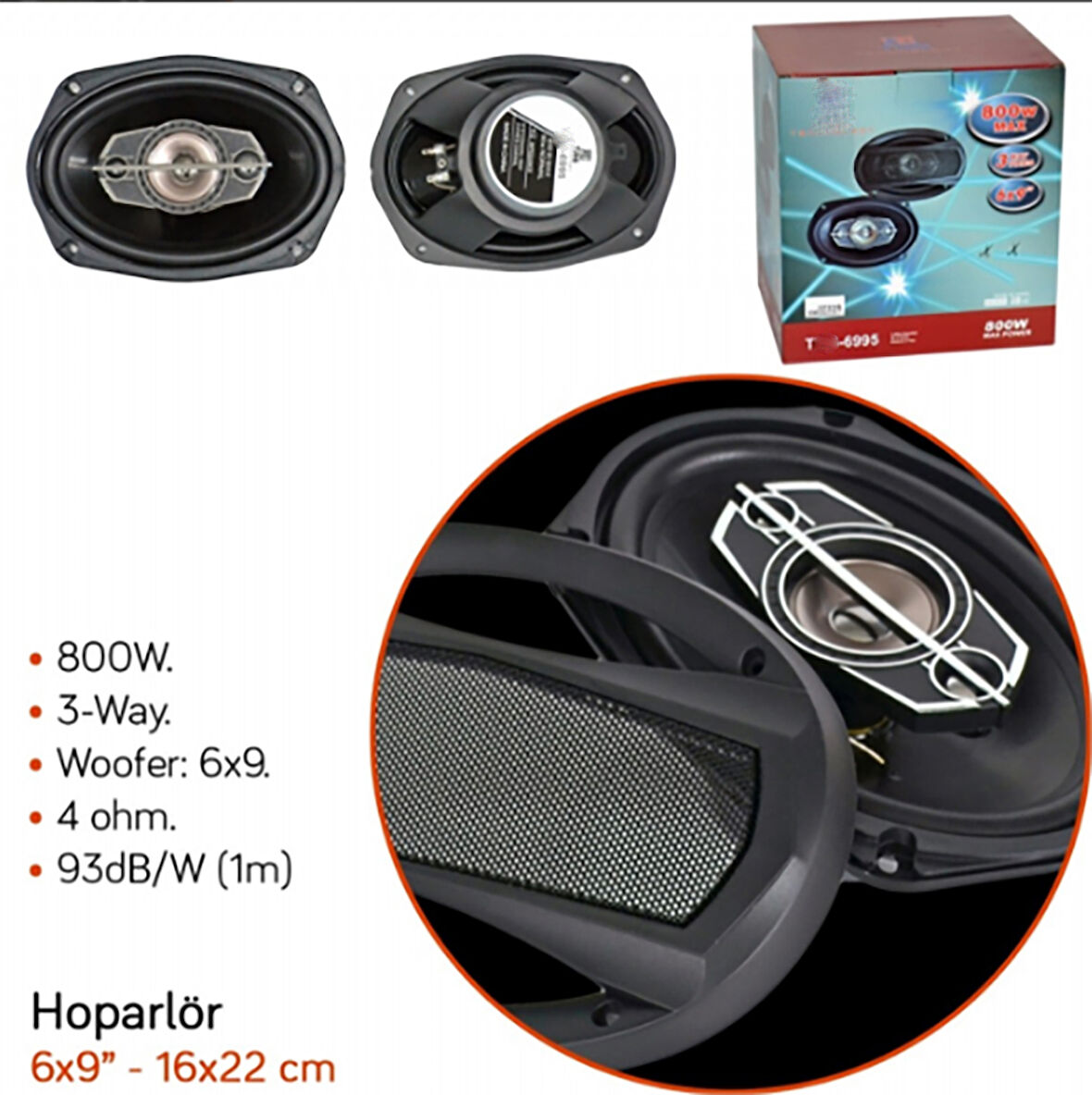 OVAL Hoparlör 800 W 6×9'İNÇ T-6995 Hoparlör 2 Adet