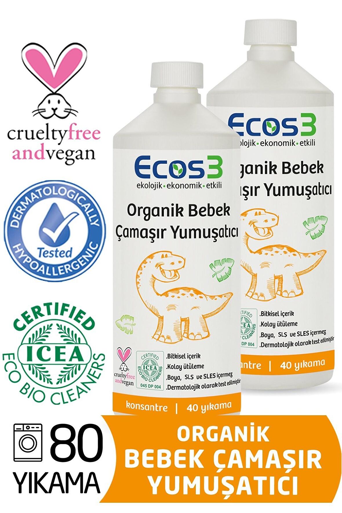 Ecos3 Organik Anti-Alerjik Beyazlar ve Renkliler İçin Konsantre Yumuşatıcı 2 x 1000 ml 80 Yıkama