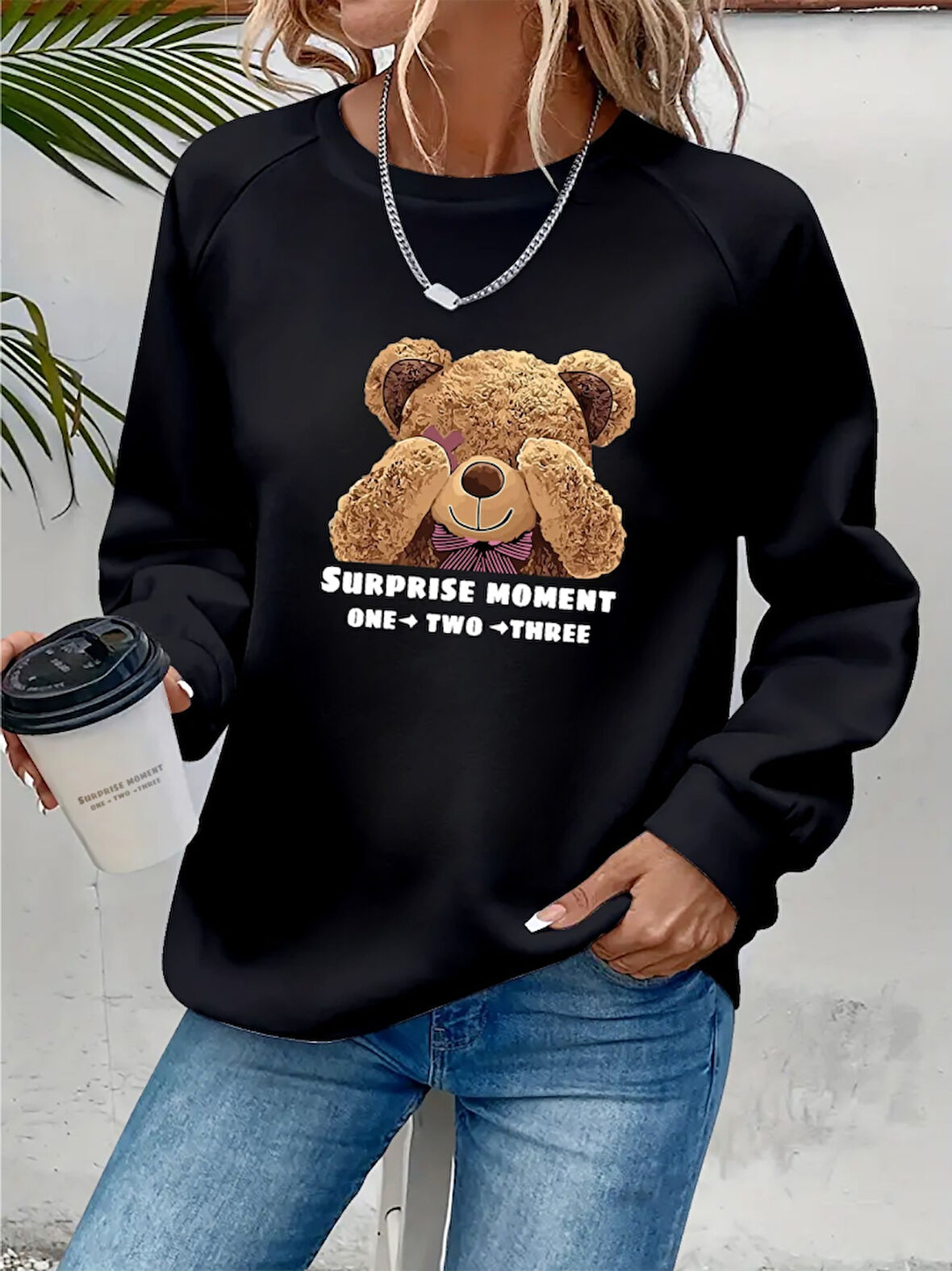 Kadın Uzun Kollu Bisiklet Yaka Ayıcık Desenli Viskon Iki Iplik Bluz