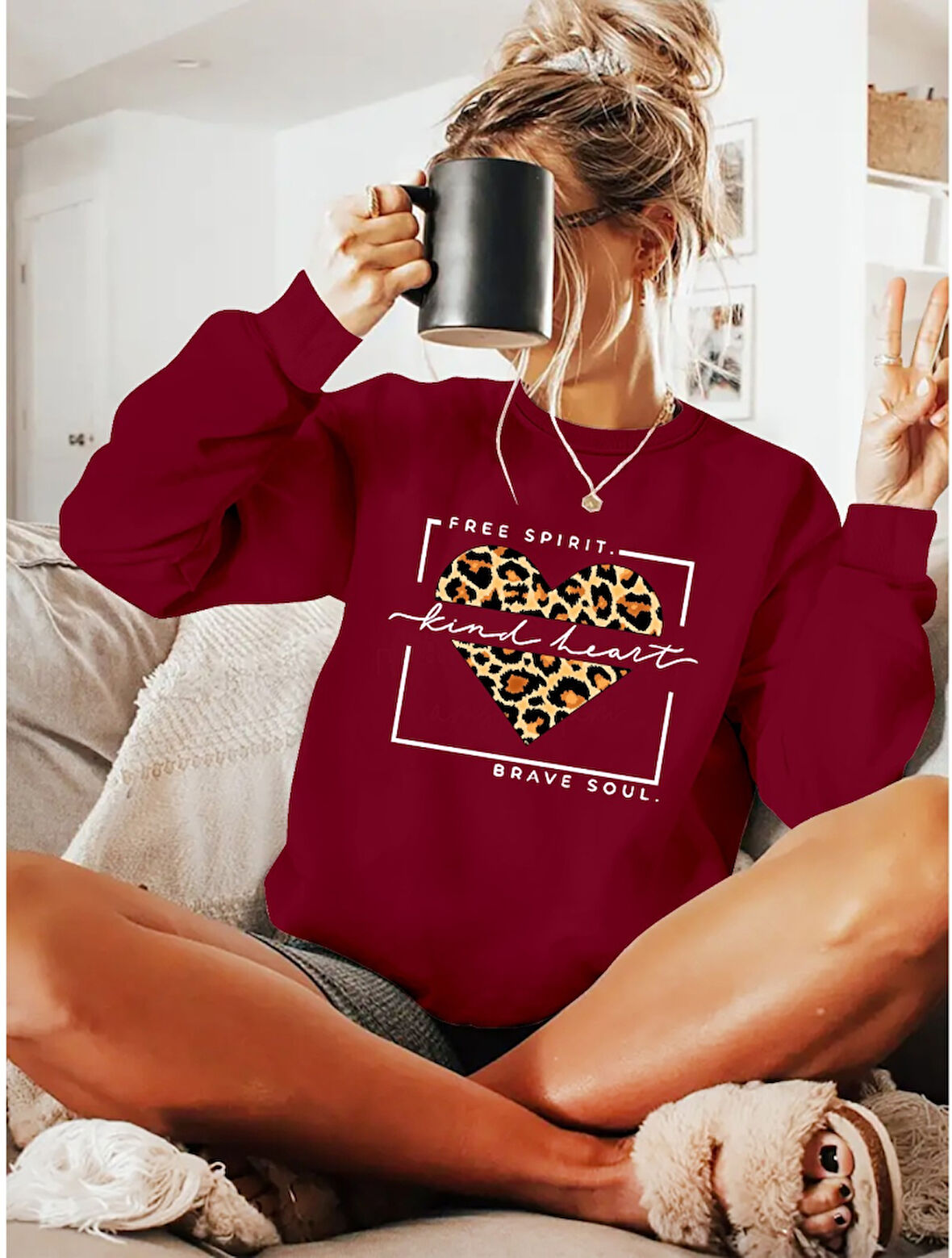 Kadın Uzun Kollu Bisiklet Yaka Desenli Viskon Iki Iplik Bluz