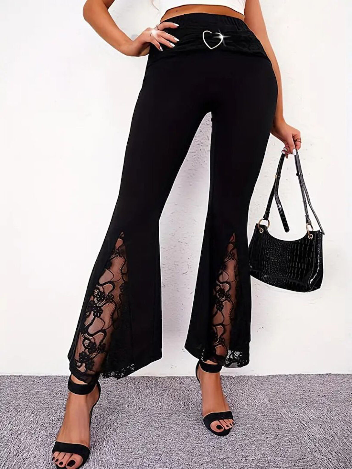 Kadın Yüksek Bel Kalpli Kemer Dantel Detaylı Dalgıç Pantolon