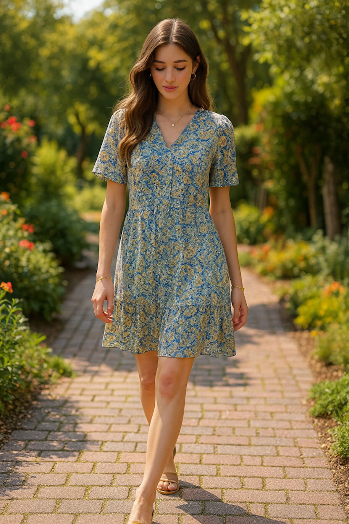 Yeşil Desenli Saten Elbise