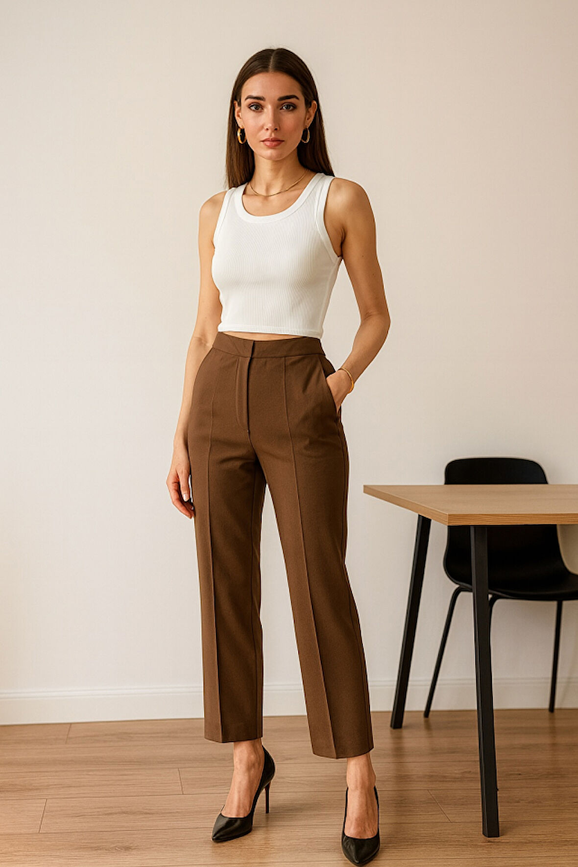 Poly Viscose Yüksek Bel Pervazli Pantolon