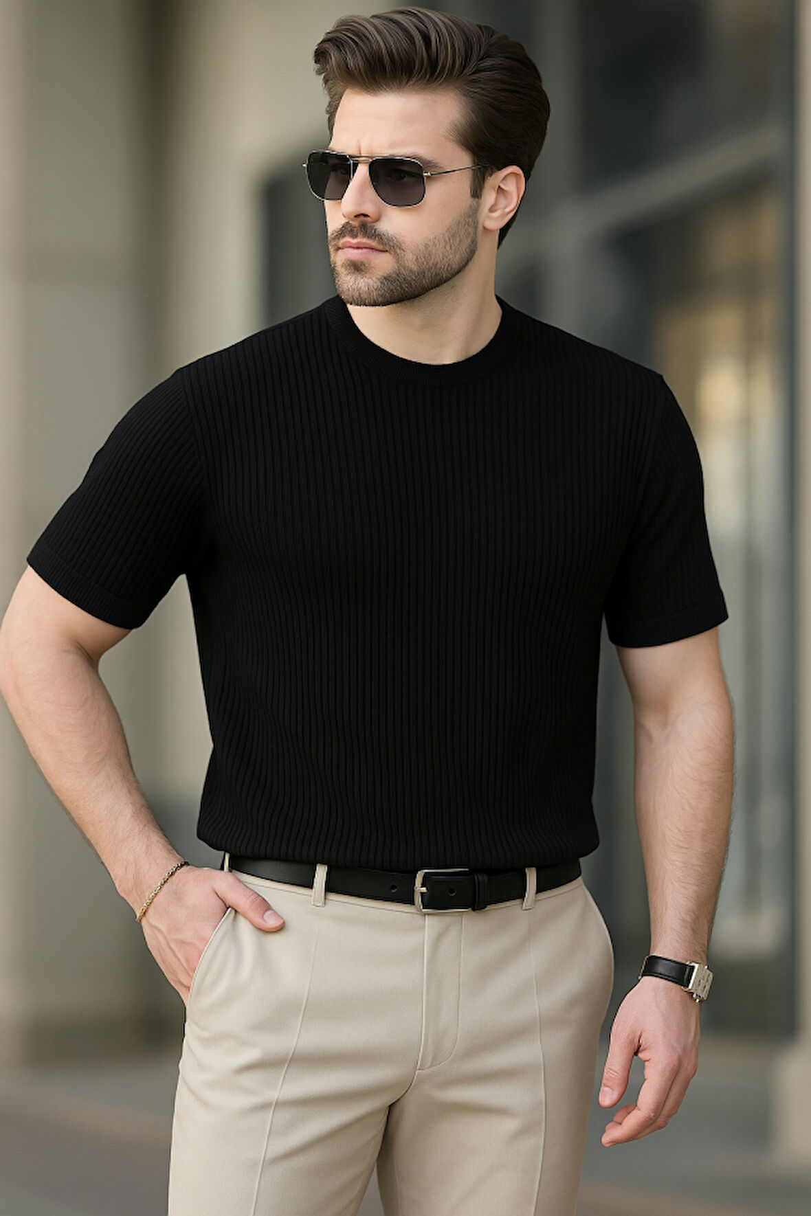 Erkek Kısa Kollu Bisiklet Yaka Triko Bluz