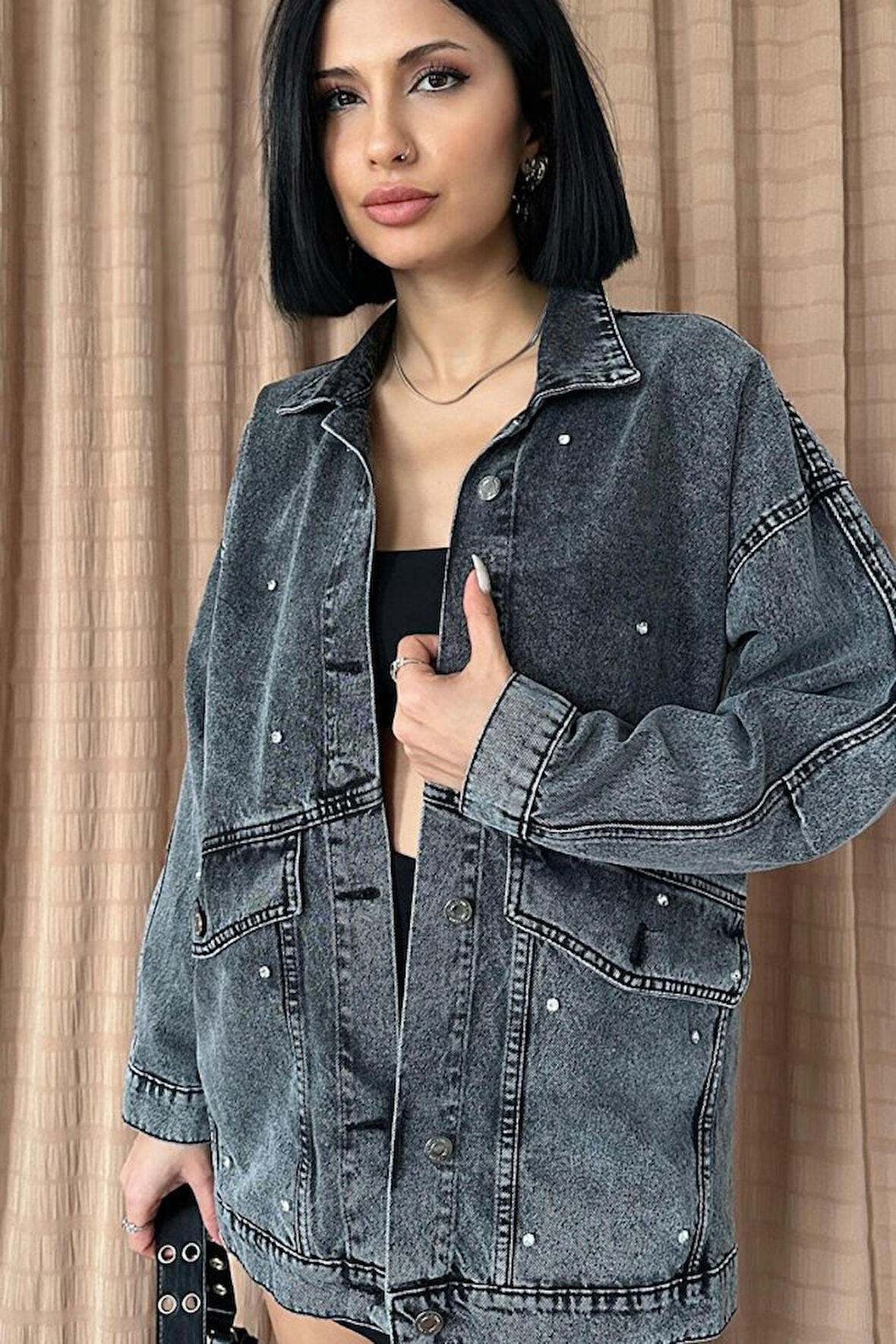 Siyah Taşlı Kot Ceket