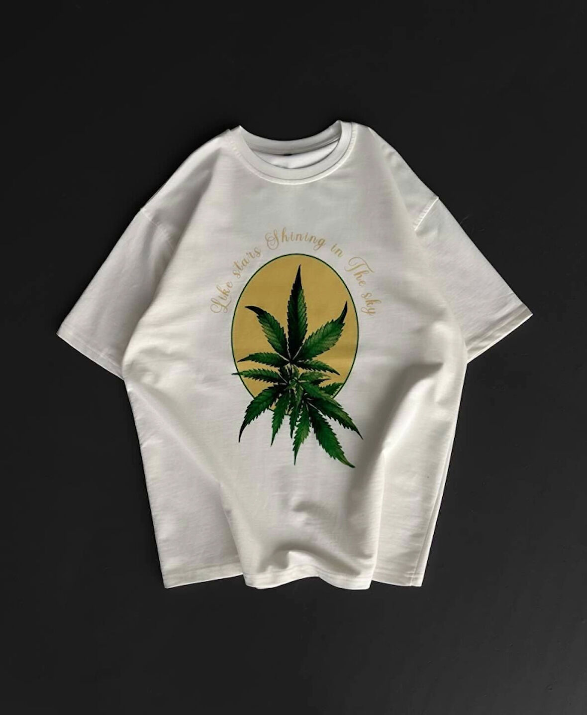 Ön Ve Arka Baskılı Oversize Bisiklet Yaka T-shirt- Beyaz