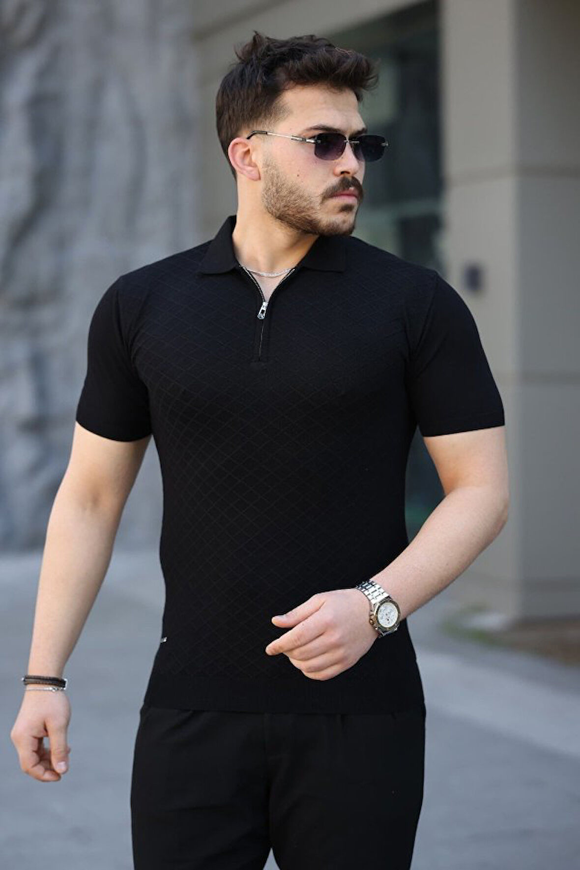 Erkek Viskon Kumaş Polo Yaka Desenli Tişört