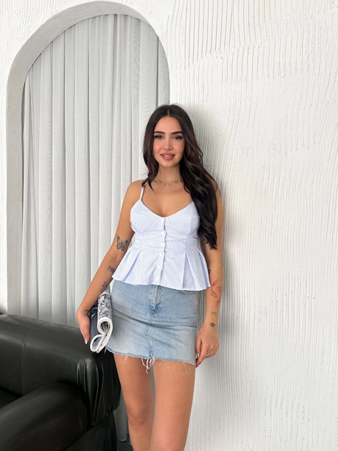 Askılı Dekolte Deraylı Crop - Açık Mavi