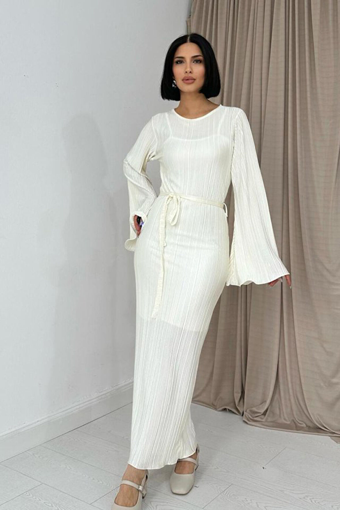 Ekru İspanyol Kol Piliseli Elbise