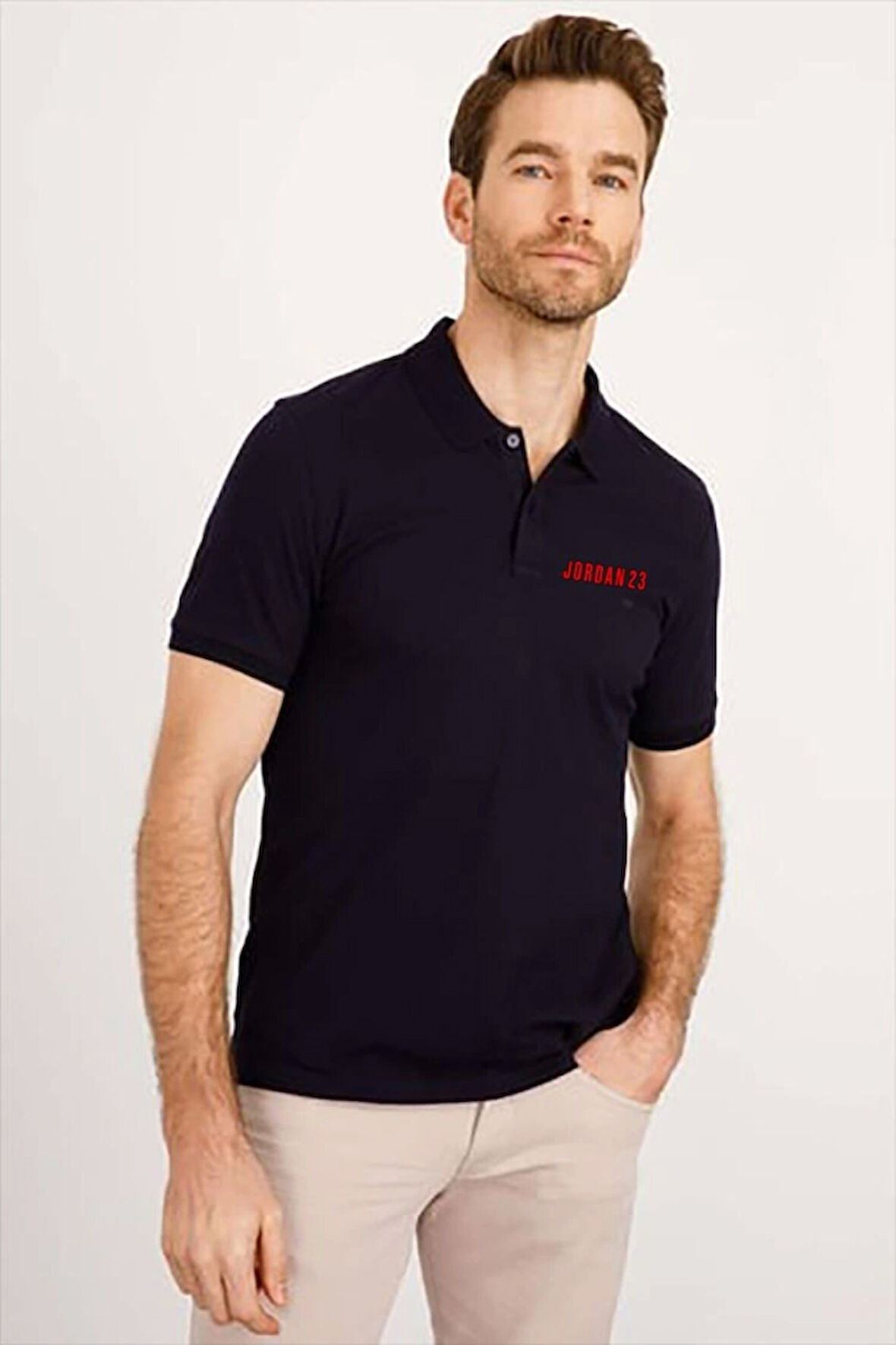 Yakası Düğmeli Yakalı Pike Baskılı T-Shirt - Beyaz