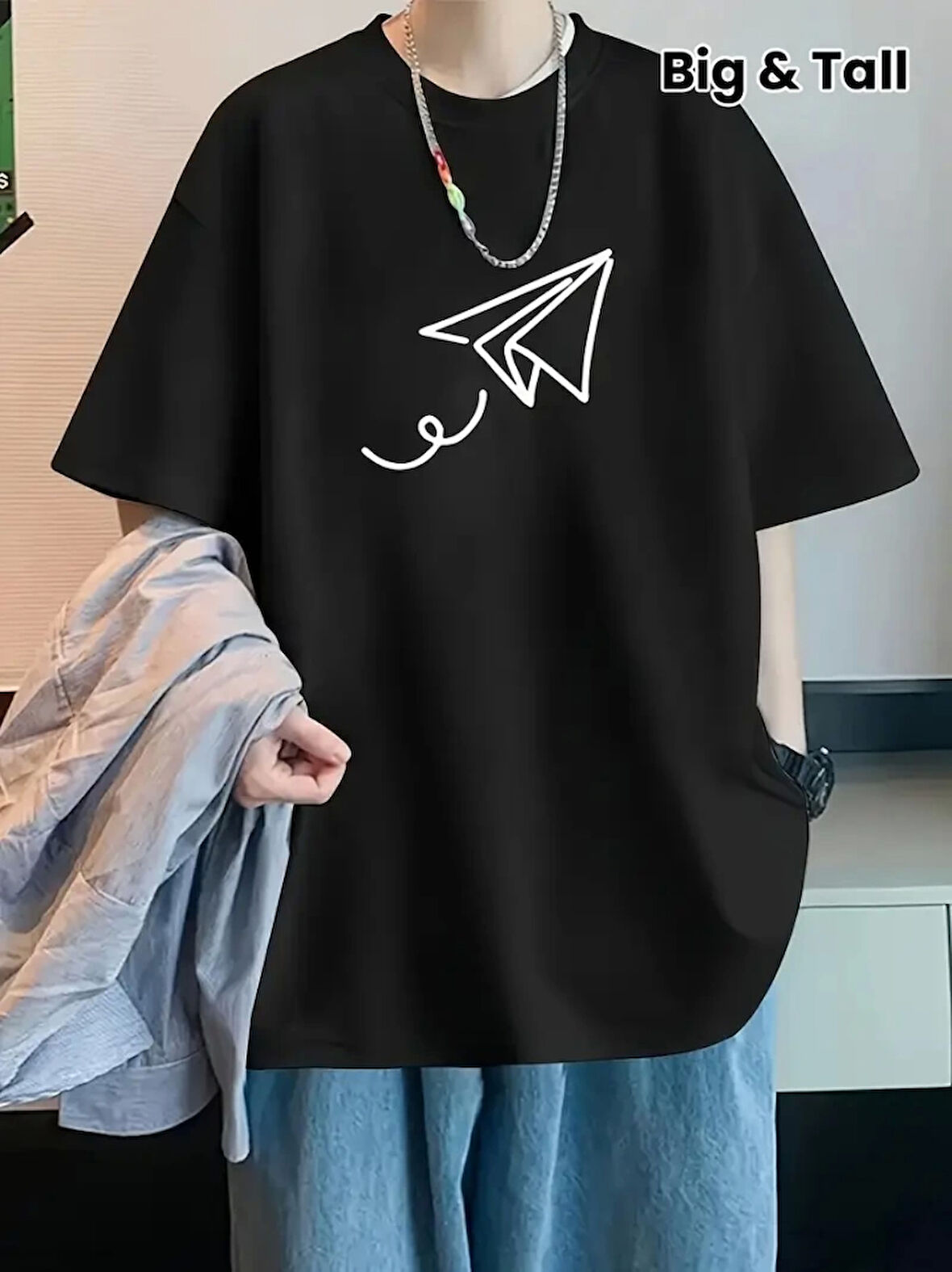 Baskılı Oversize Bisiklet Yaka T-shirt - Siyah