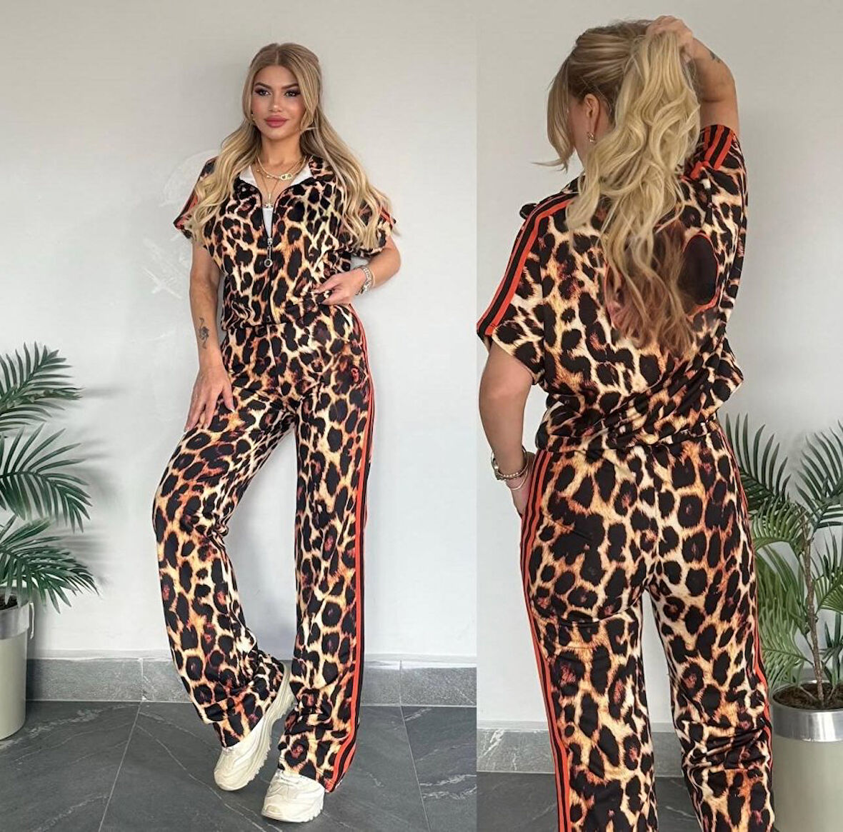 Kadın Dalgıç Kumaş Dijital Leopar Baskılı şerit Detaylı Takım