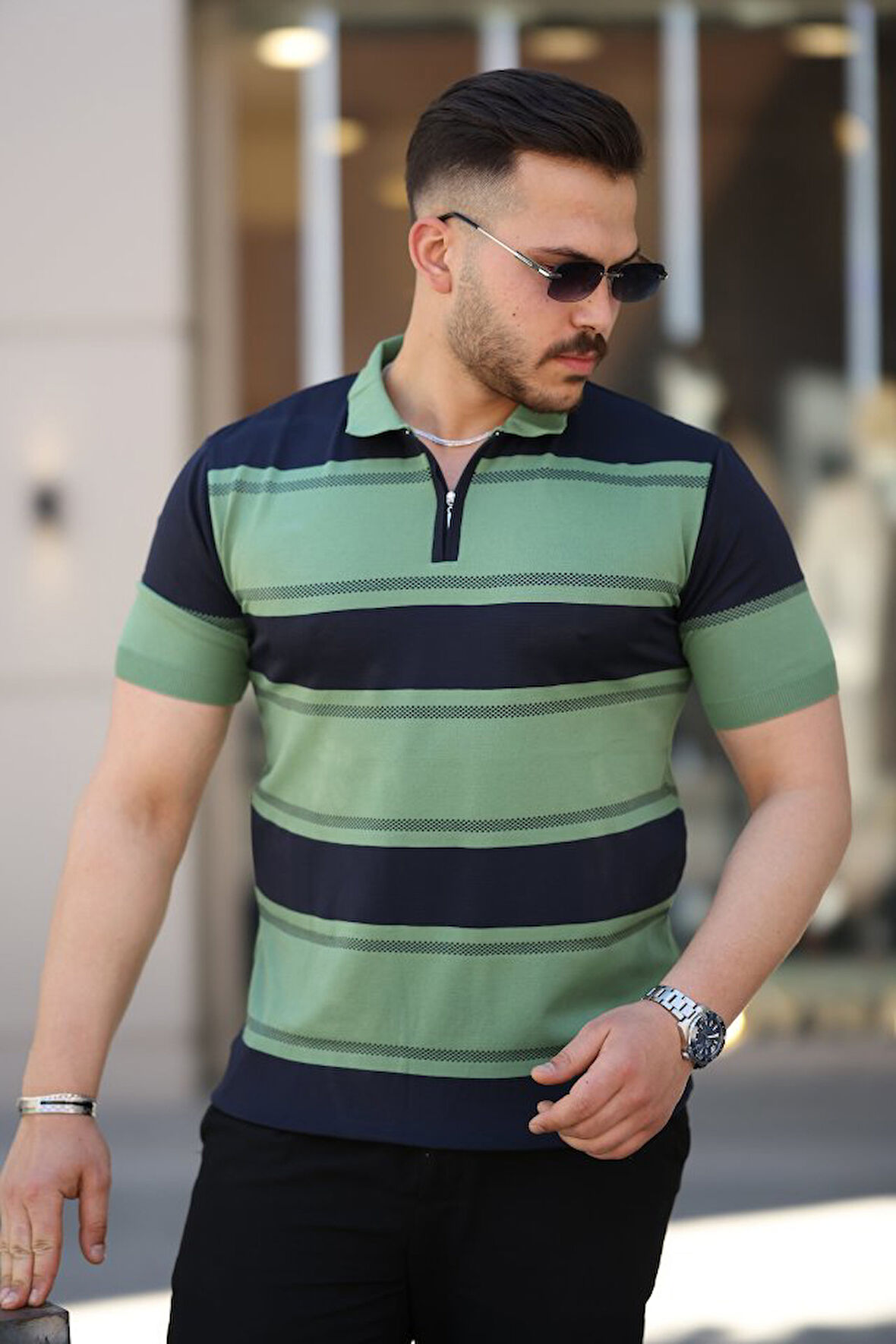 Erkek Yakalı Fermuarlı çift Renk Kısa Kollu T-shirt