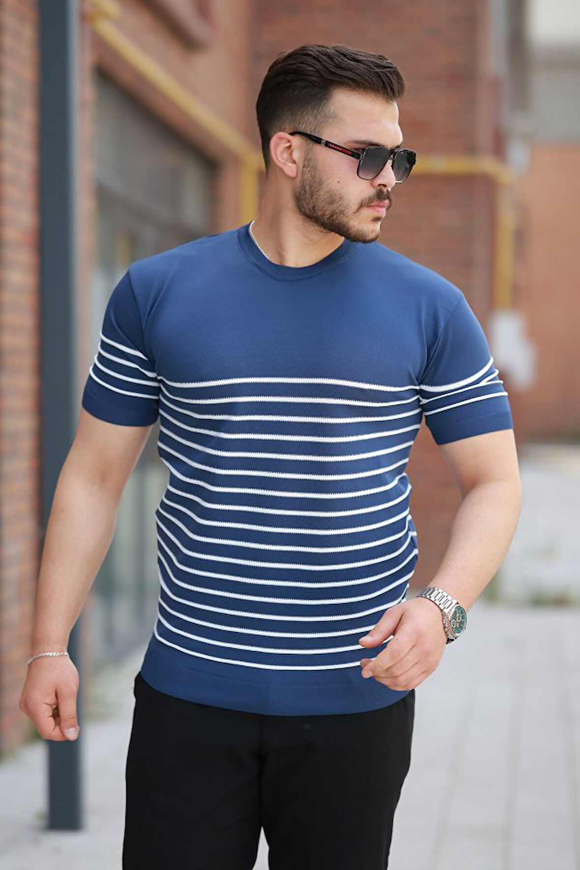 Erkek çizgi Desenli Bisiklet Yaka Kısa Kollu T-sihrt