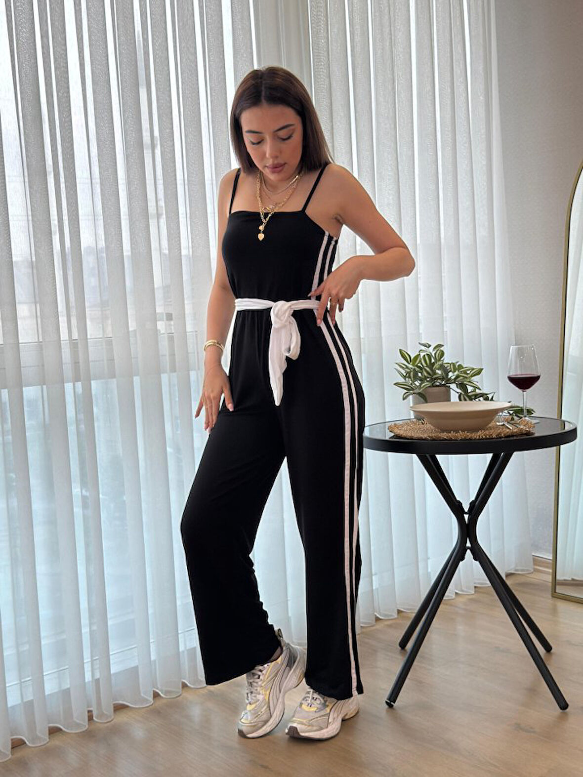 Kadın Ip Askılı Straplez Belden Kuşaklı Viskon Iki Iplik Tulum