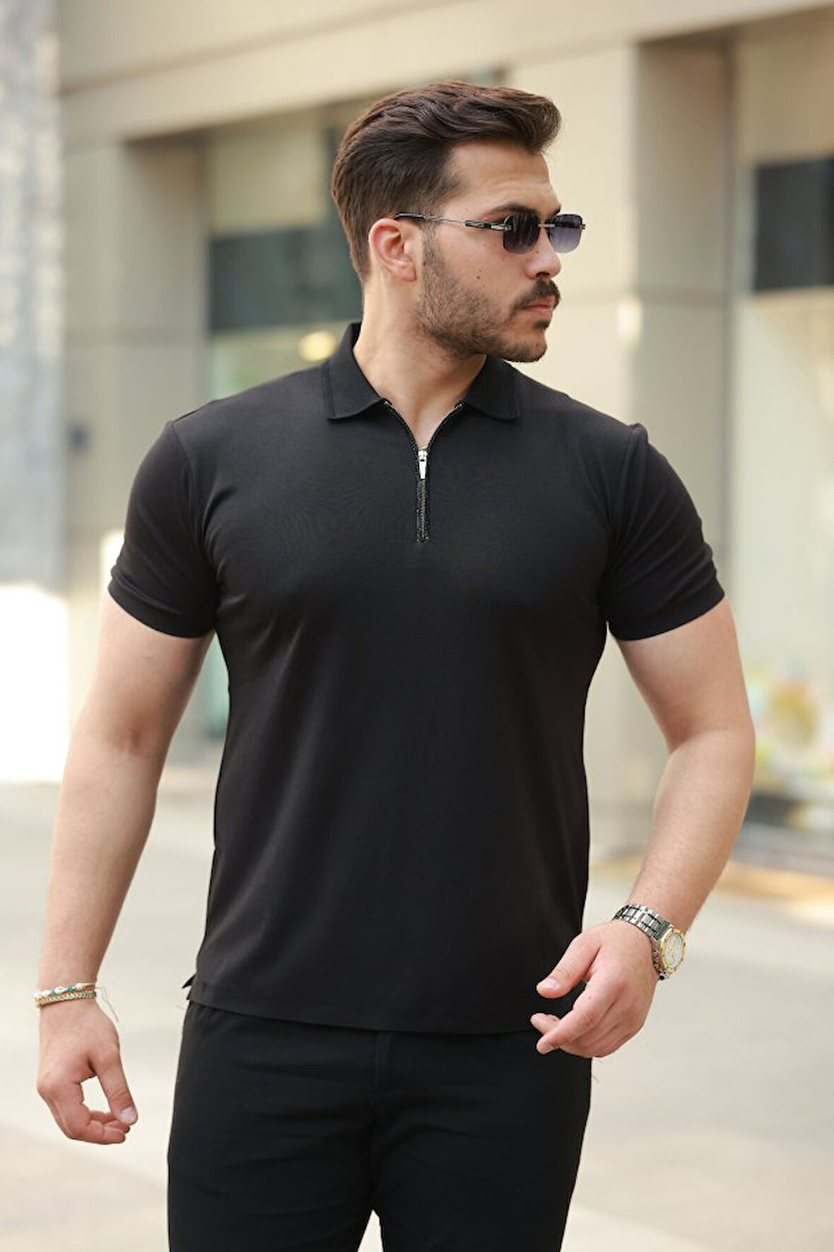 Erkek Deri Panel Detaylı Fermuar Yakalı Kısa Kollu Tişört