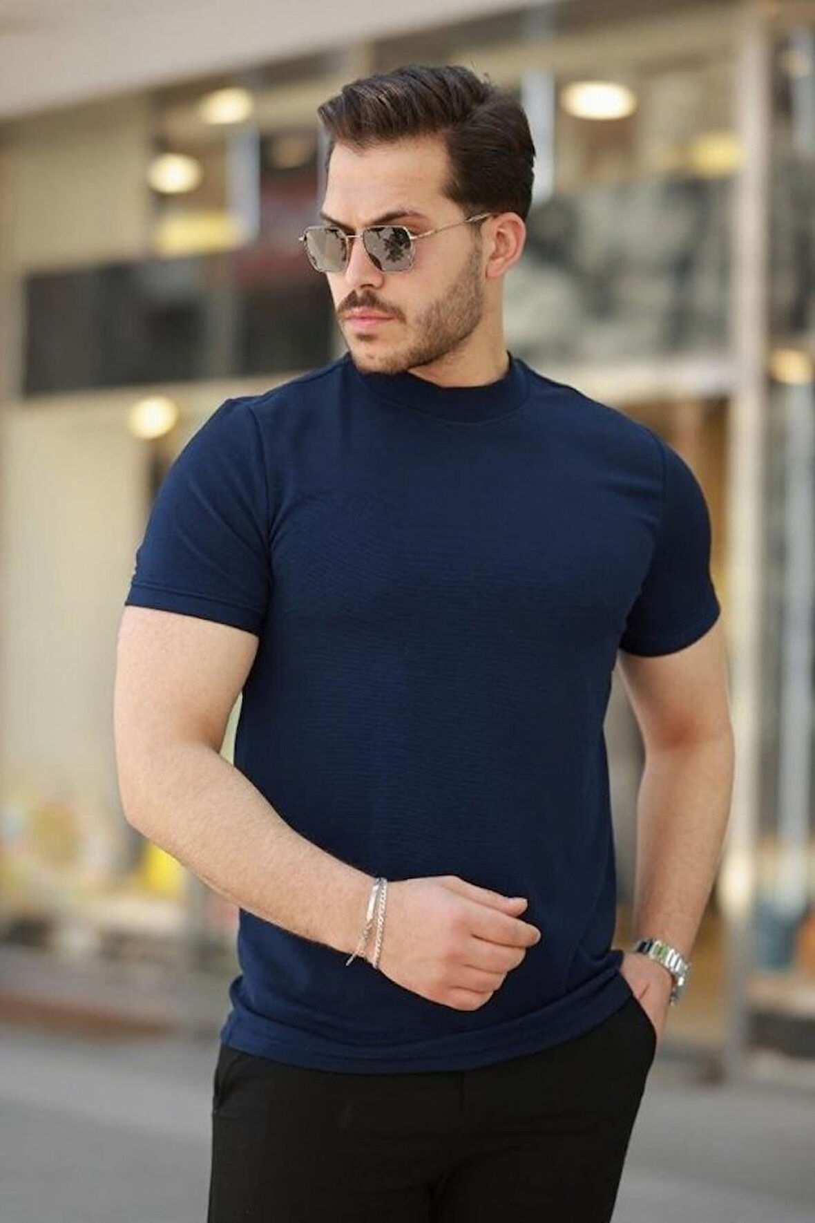 Erkek Ince çizgi Dokulu Kısa Kollu Tişört