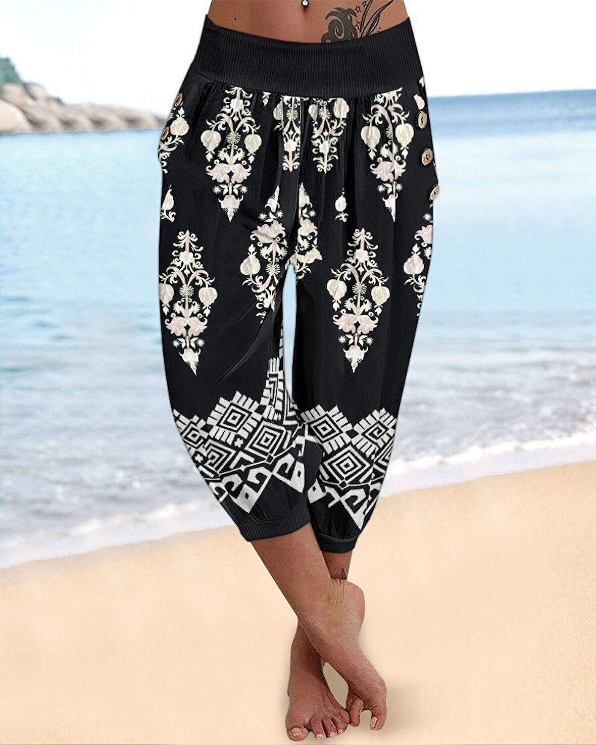 Kadın Beli Lastikli Etnik Desenli Kapri Süprem Pantolon