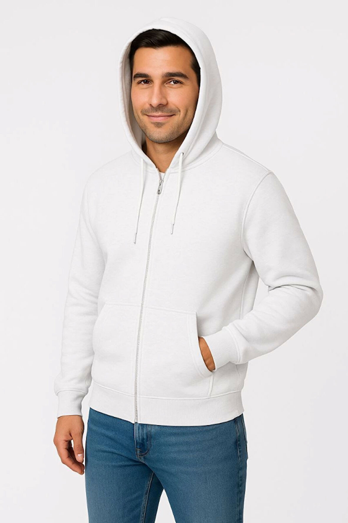 Erkek Üç İplik Kapüşonlu Tam Fermuarlı Kanguru Çepli SweatShirt Hoodie - Beyaz