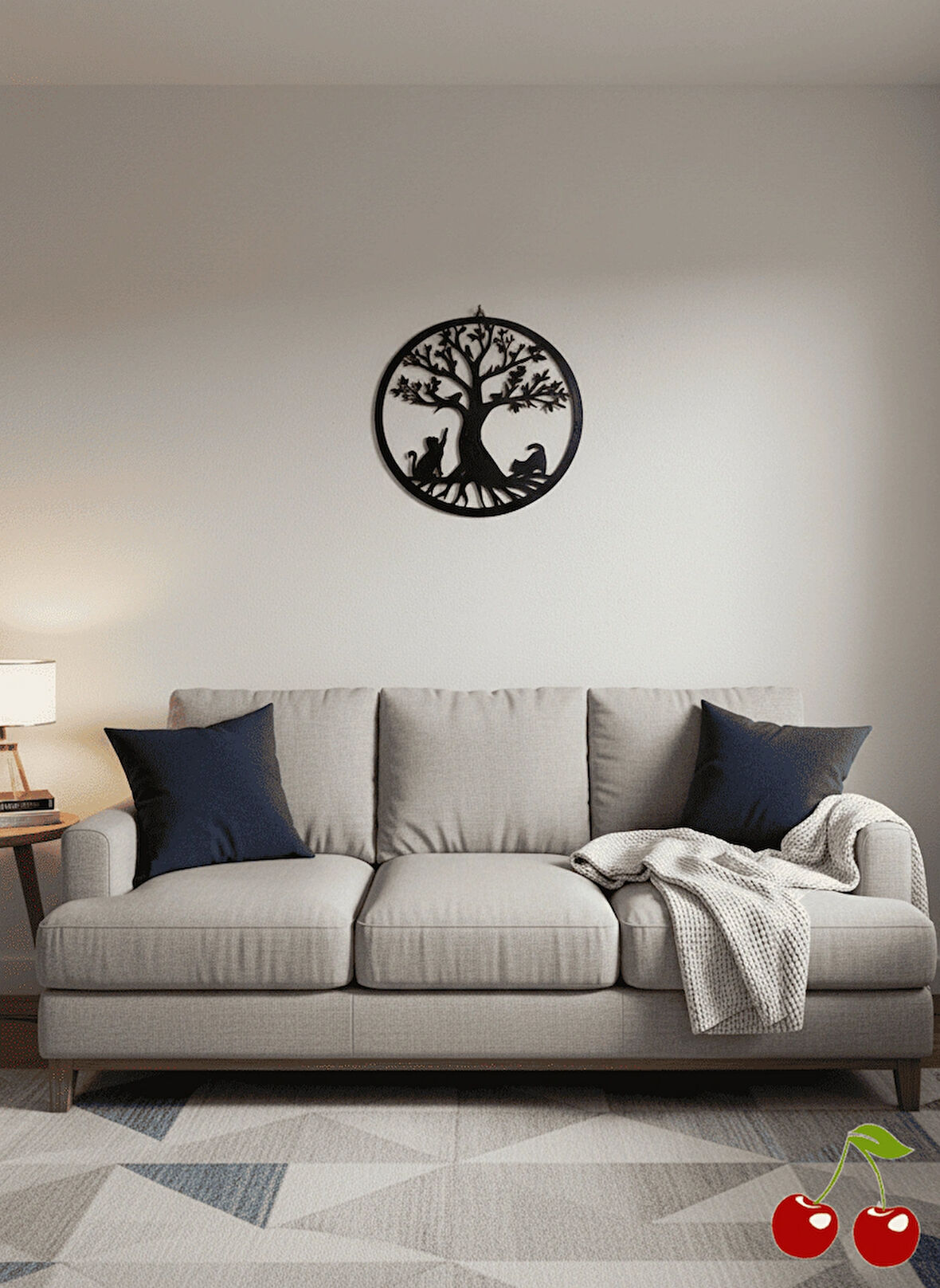 Kedili Yaşam Ağacı Metal Duvar Dekoru - Yuvarlak Kedi Silüetli Evcil Hayvan Temalı Tablo