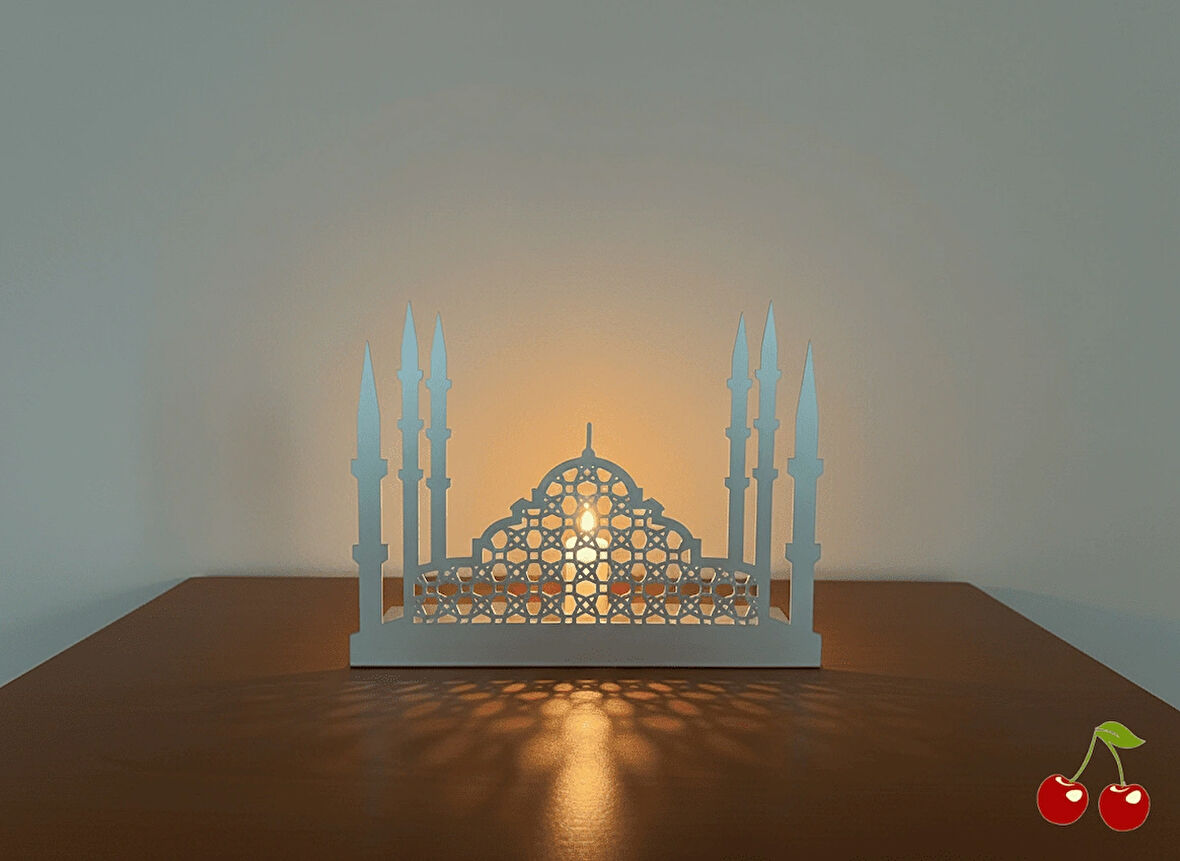 Metal Minareli Beyaz Işıklı Cami Dekoru | Modern Masaüstü İslami Dekorasyon Ürünü