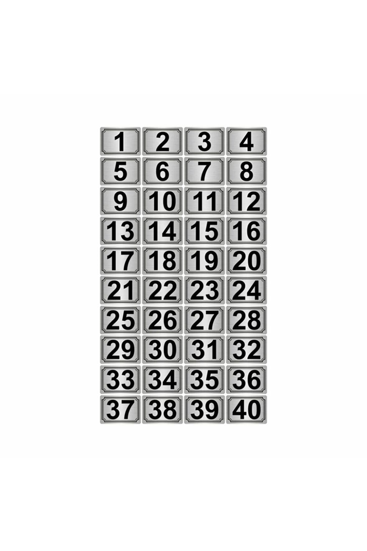 3,5x5cm Metal Yapışkanlı Numara (1..40) 40 Adet Gümüş Renk Metal