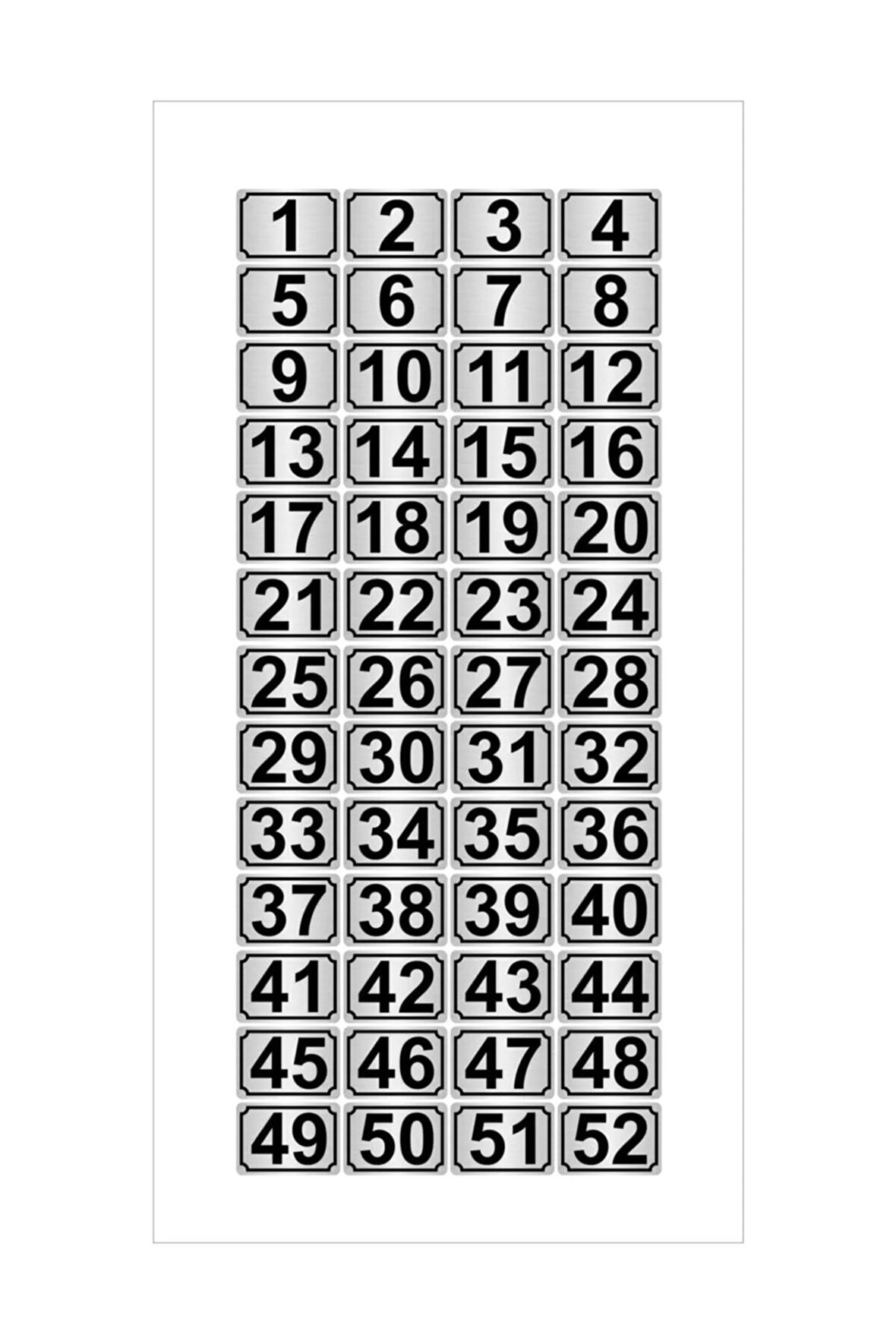 Metal Kapı Masa Dolap Numarası 3,5cmx5cm 52 Adet Dikdörtgen (1…52) Gümüş Renk Metal