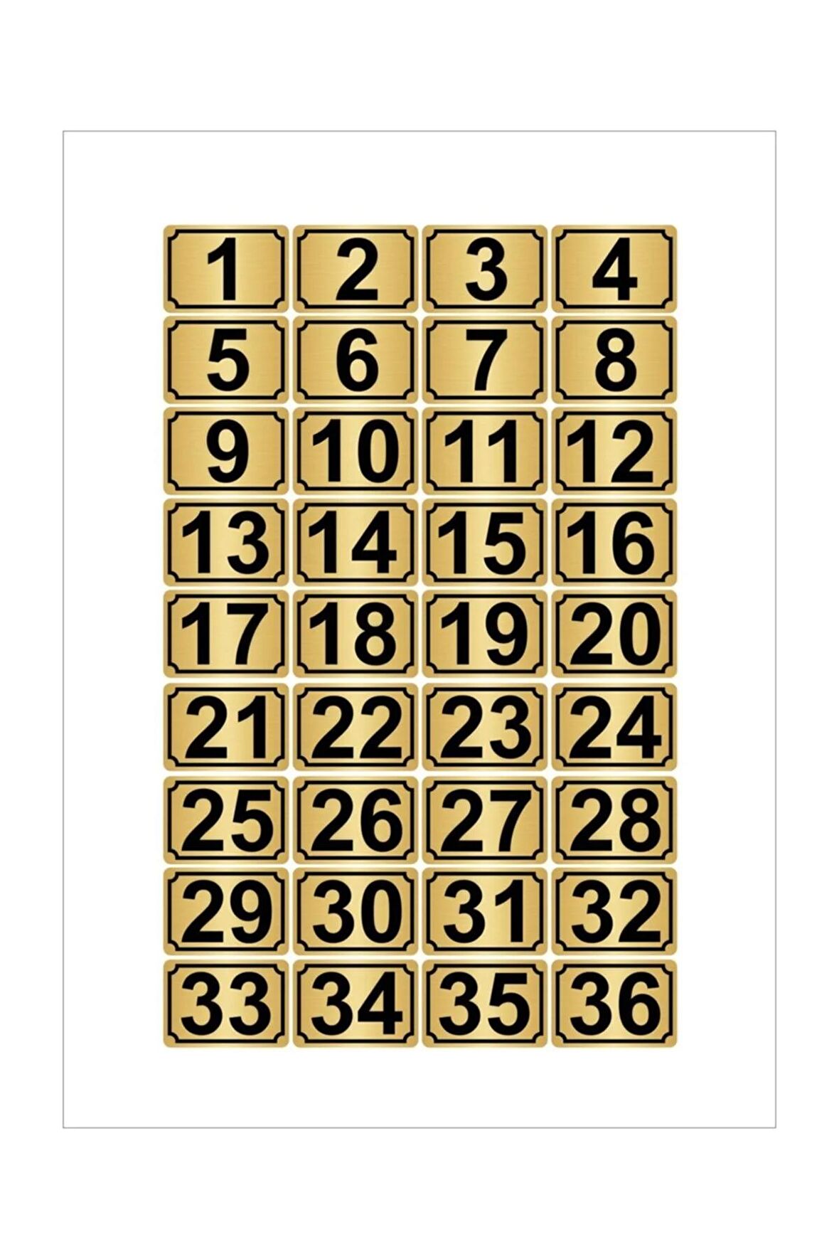 Metal Kapı,masa,dolap Numarası 15cmx20cm 36 Adet Dikdörtgen (1…36) Altın Renk Metal