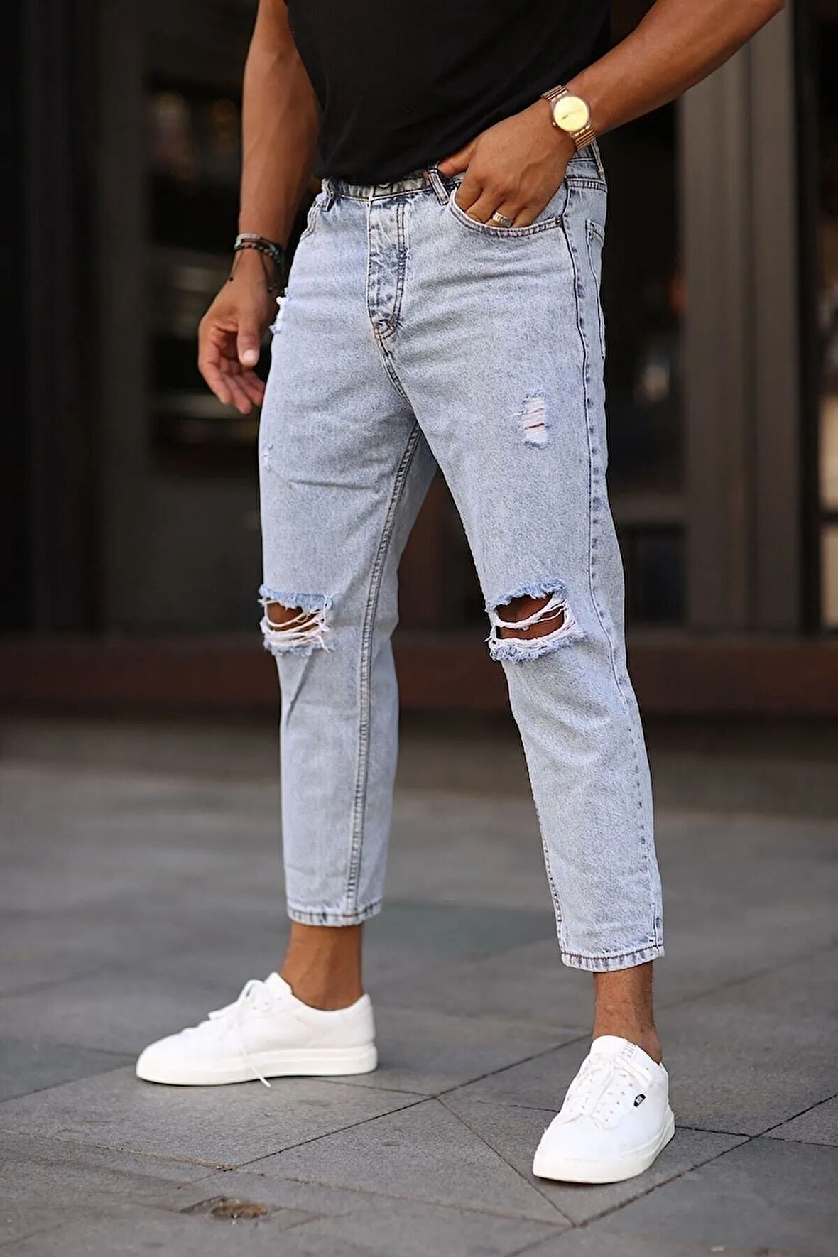 Boyfriend Rahat Kalıp Yırtıklı Açık Mavi Kot Pantolon