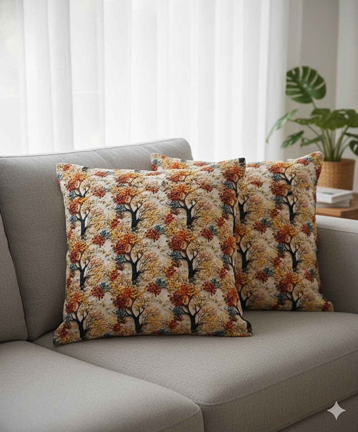 Sonbahar Ağaçları Desenli Dijital Baskılı 2'li Kırlent 40 cm x 40 cm