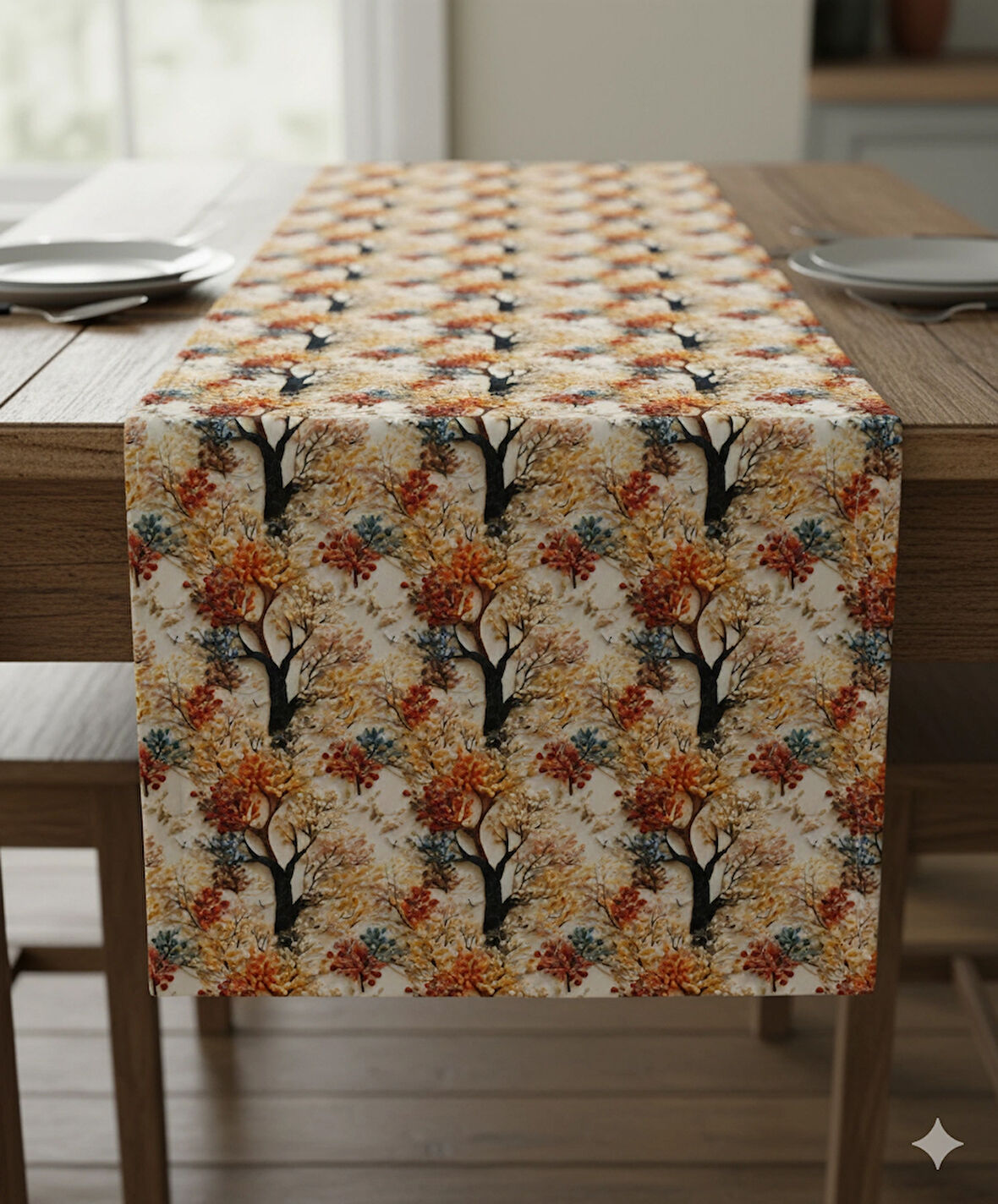 Sonbahar Ağaçları Desenli Dijital Baskılı Runner 140 cm x 45 cm