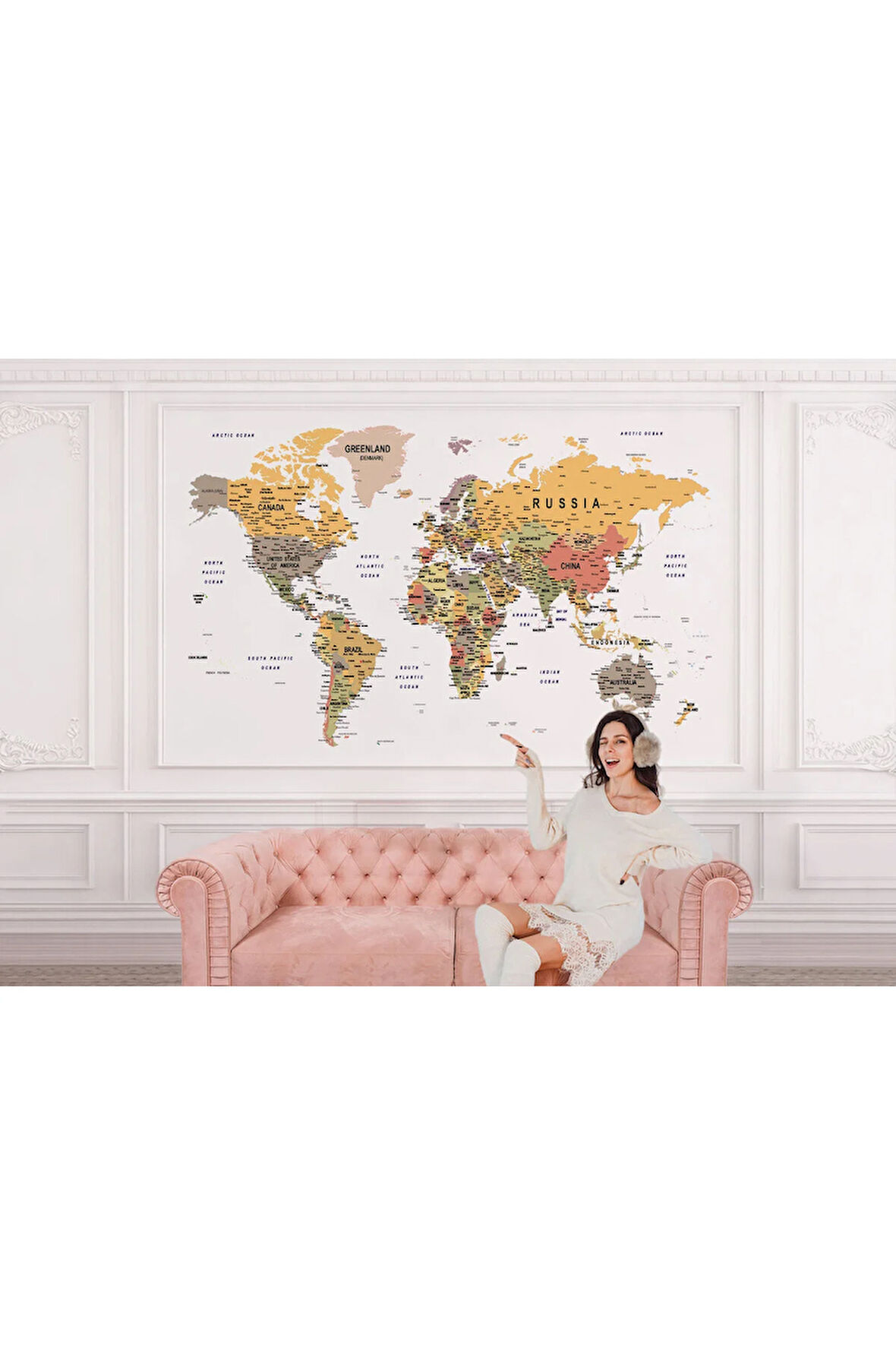 Oxyteez   Dünya Haritası Duvar Kağıdı Pastel Tonlar İngilizce Eğitici Dünya Haritası-1585 1585