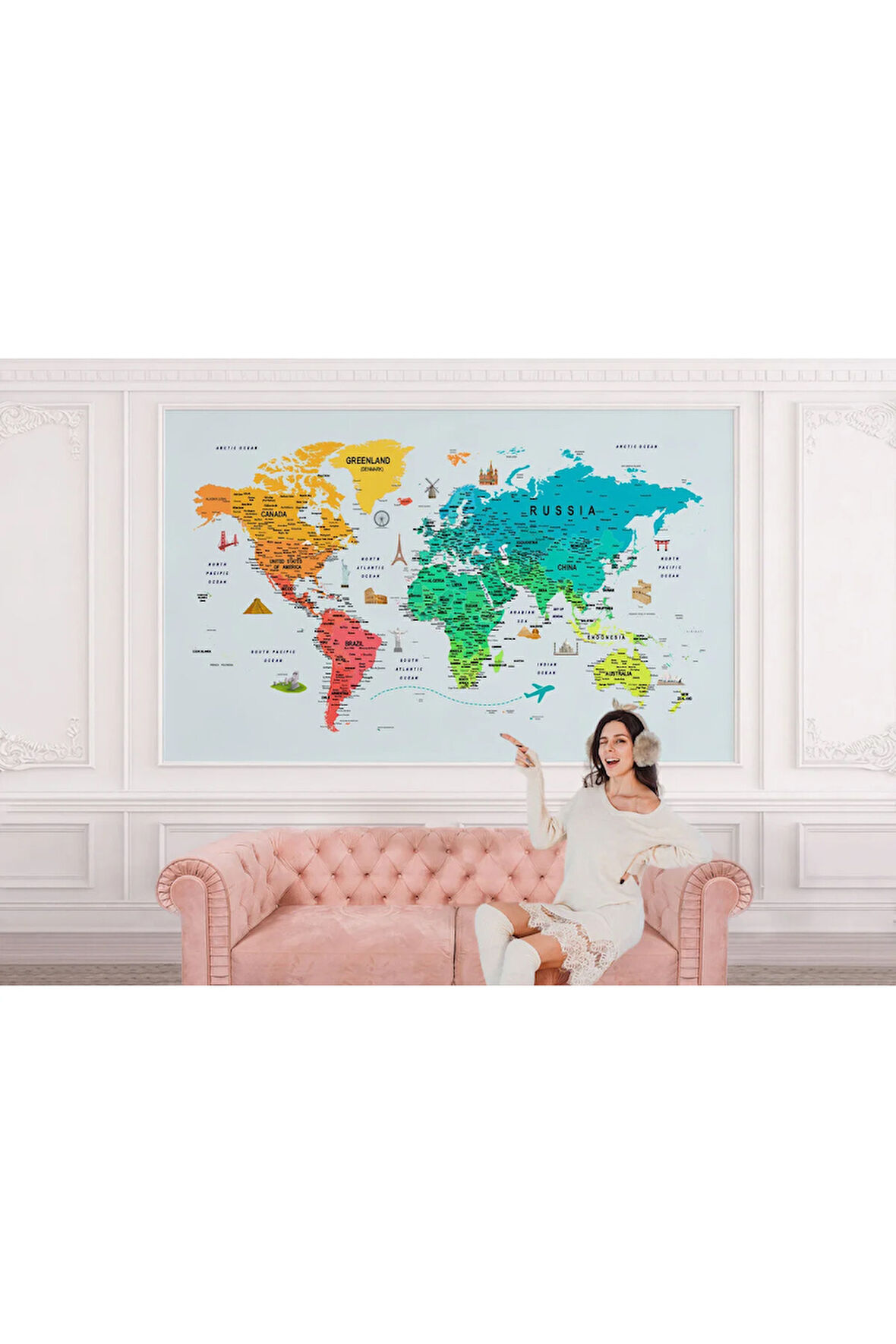 Oxyteez   Renkli Dünya Haritası Duvar Kağıdı Detaylı Ülke ve Başkentli-1782 1782