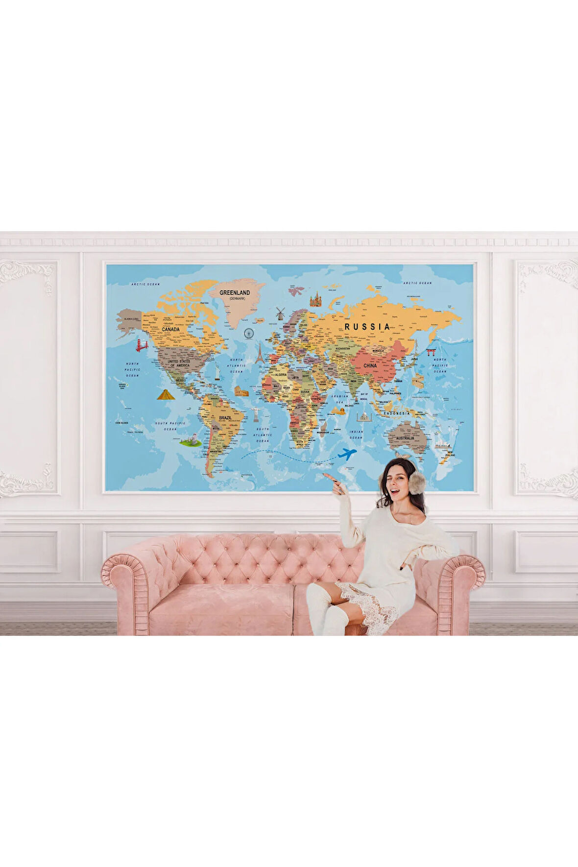 Oxyteez   İngilizce Dünya Haritası Duvar Kağıdı Ülke Sembollü ve Detaylı-2019 2019