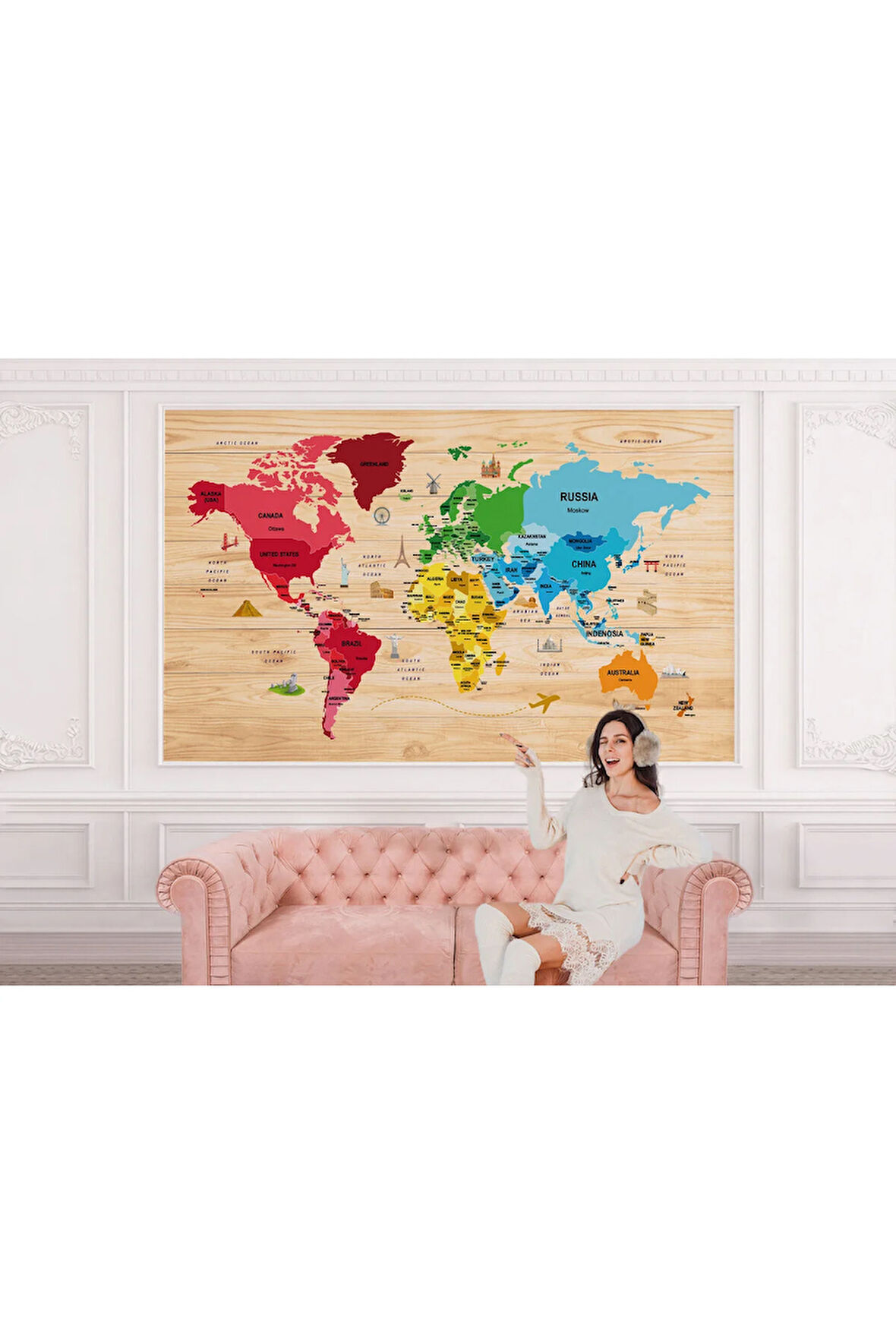 Oxyteez   İngilizce Dünya Haritası Duvar Kağıdı Ahşap Görünümlü Detaylı -2107 2107