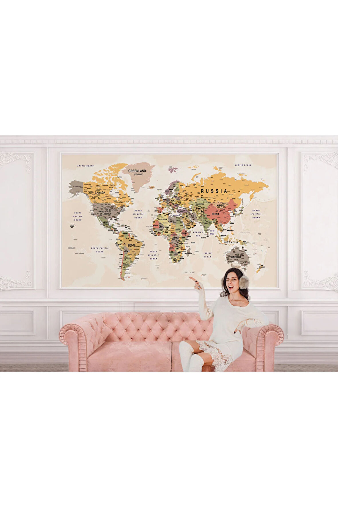 Oxyteez   Dünya Haritası Duvar Kağıdı Pastel Tonlar İngilizce Eğitici Dünya Haritası-2525 2525