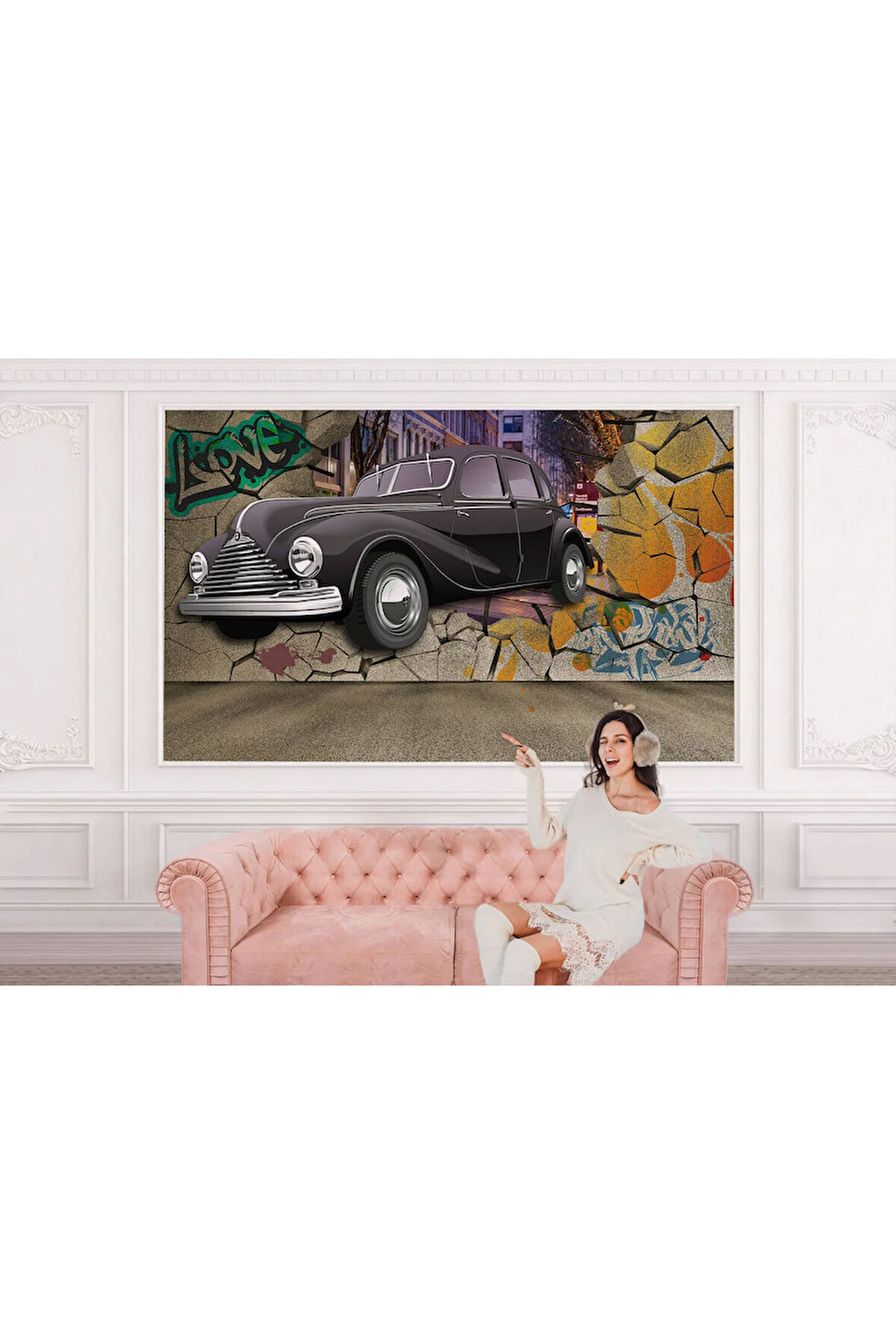 Oxyteez   Duvardan Fırlayan Klasik Araba Dekoratif Duvar Kağıdı-3631 3631