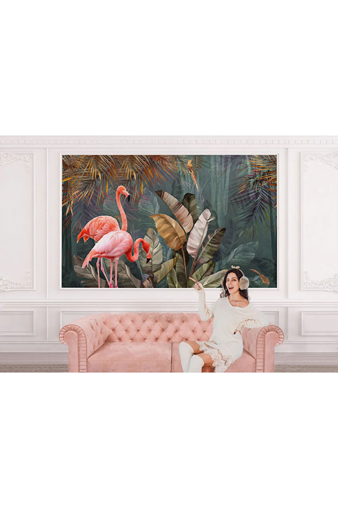 Oxyteez   Pembe Filamingolar Yağlıboya Görünüm Dekoratif Duvar Kağıdı-3700 3700