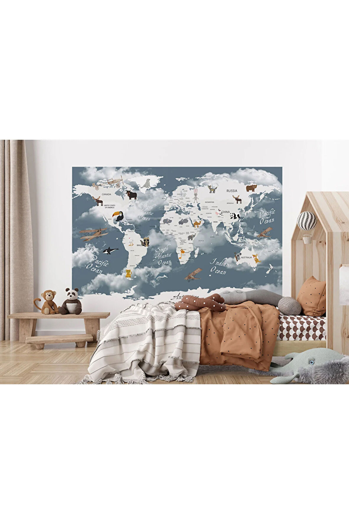 Oxyteez   Dünya Haritası Çocuk Ve Bebek Odası Hayvanlar Alemi Duvar Kağıdı-3818 3818