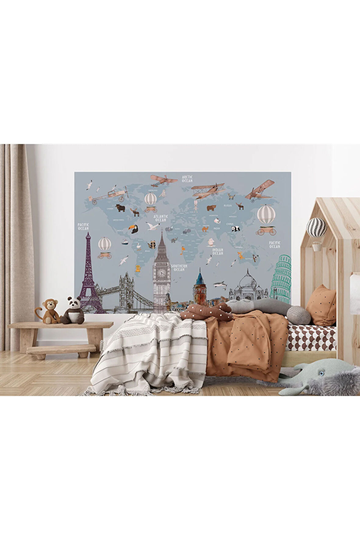 Oxyteez   Dünya Haritası Çocuk Ve Bebek Odası Hayvanlar Alemi Duvar Kağıdı-3820 3820