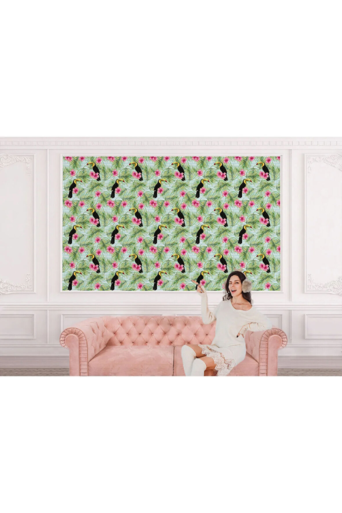 Oxyteez   Tropikal Papağanlar Çiçekli Ağaç Yaprakları Duvar Kağıdı-5560 5560