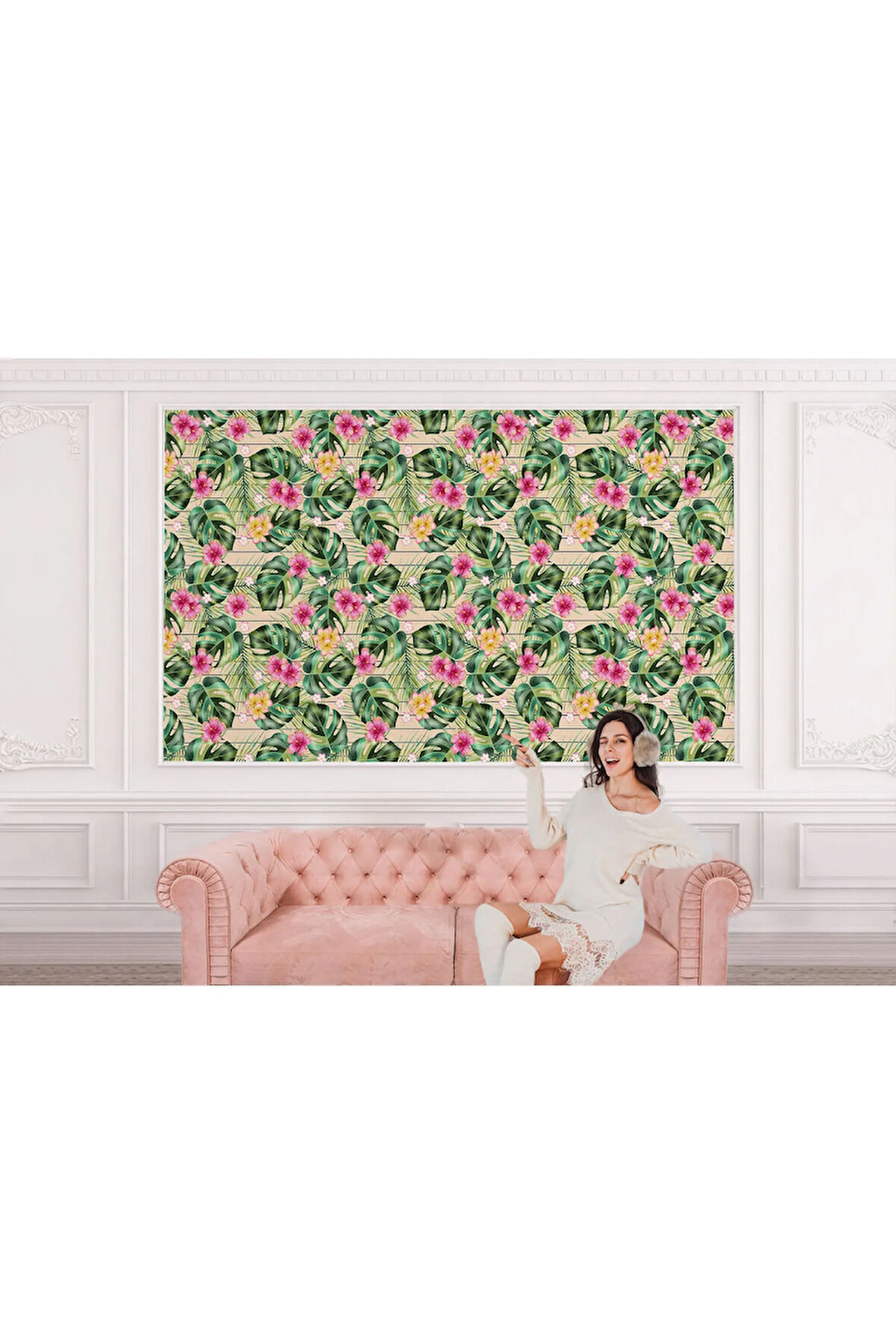 Oxyteez   Tropikal Çiçekli Ağaç Yaprakları Duvar Kağıdı-5566 5566